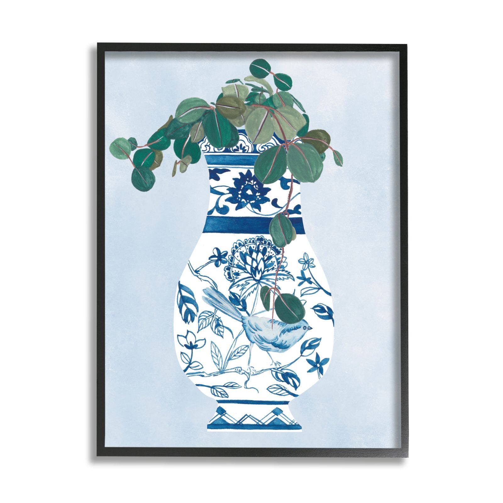 Stupell Industries Green Vine Plant Ornate Blue Bird Vase Framed Wall Art