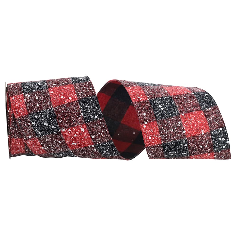 Reliant 4&#x22; x 10yd. Snow Speckled Red &#x26; Black Buffalo Check Wired Ribbon