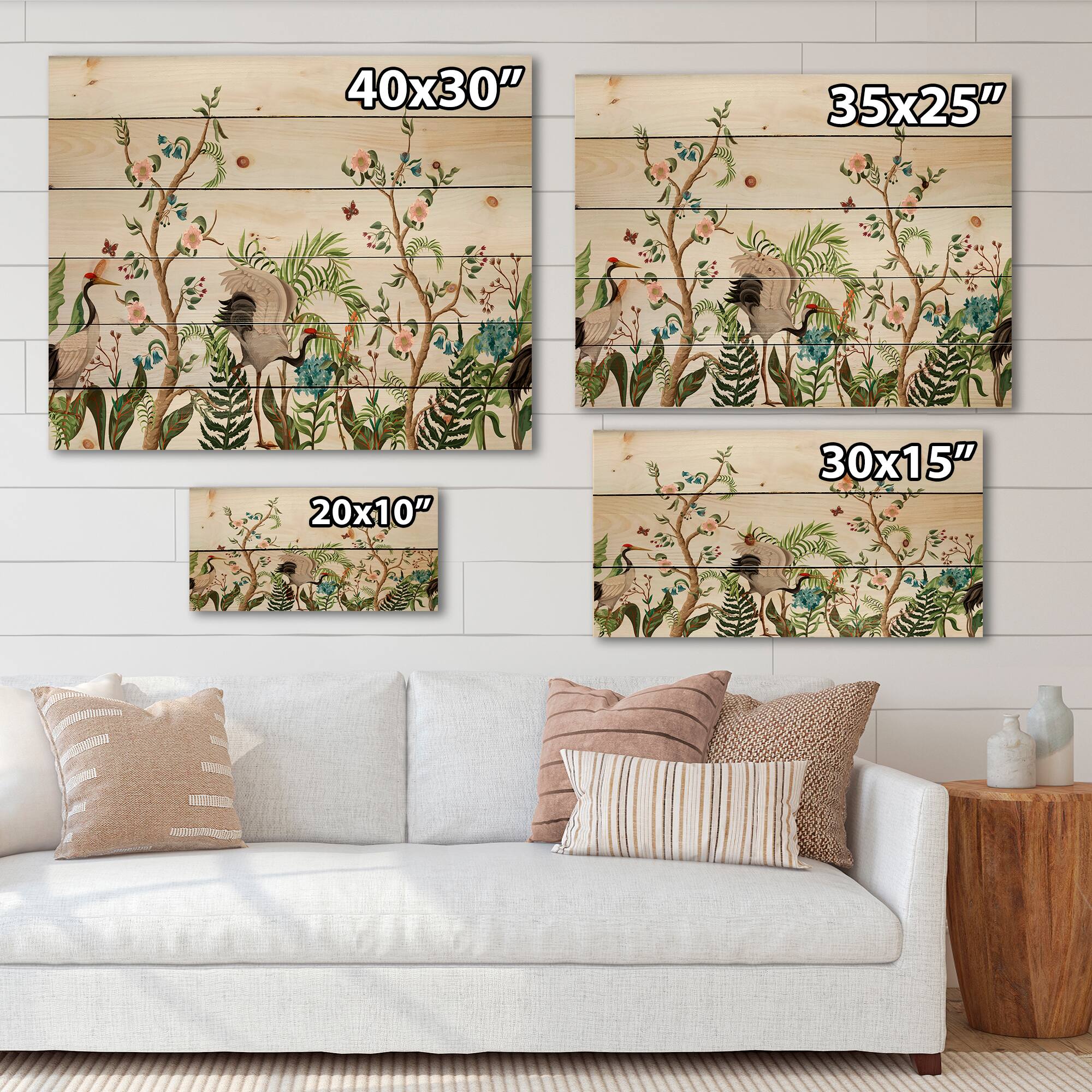Designart - Border With Cranes &#x26; Peonies In Chinoiserie Style - Traditional Print on Natural Pine Wood