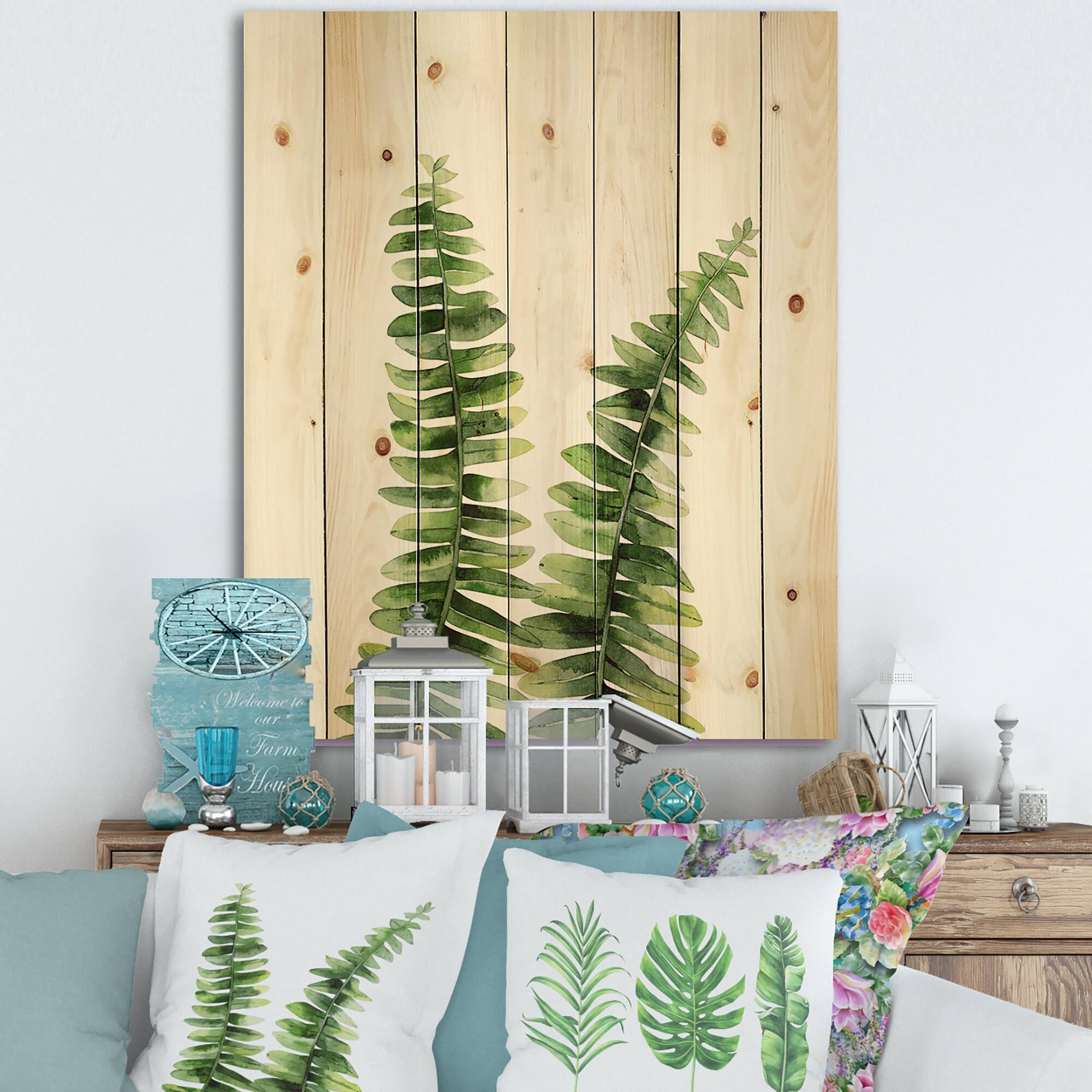 Designart - Fern Plant In Greenbotanical Detail - Tropical Print on Natural Pine Wood