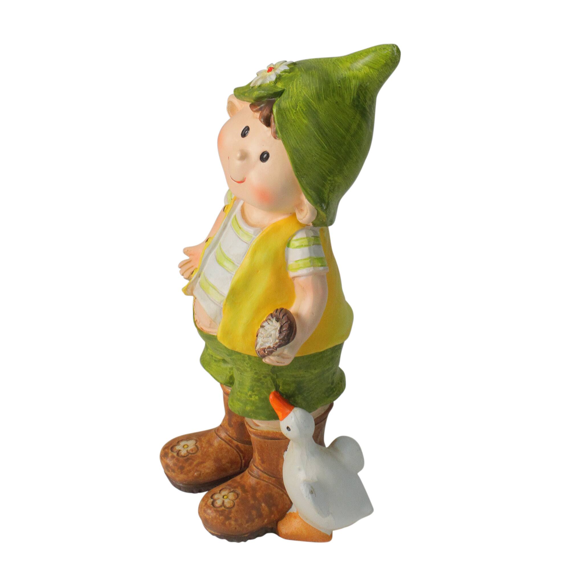 9.75" Young Boy Gnome Standing with Duck Spring Outdoor Garden Figure
