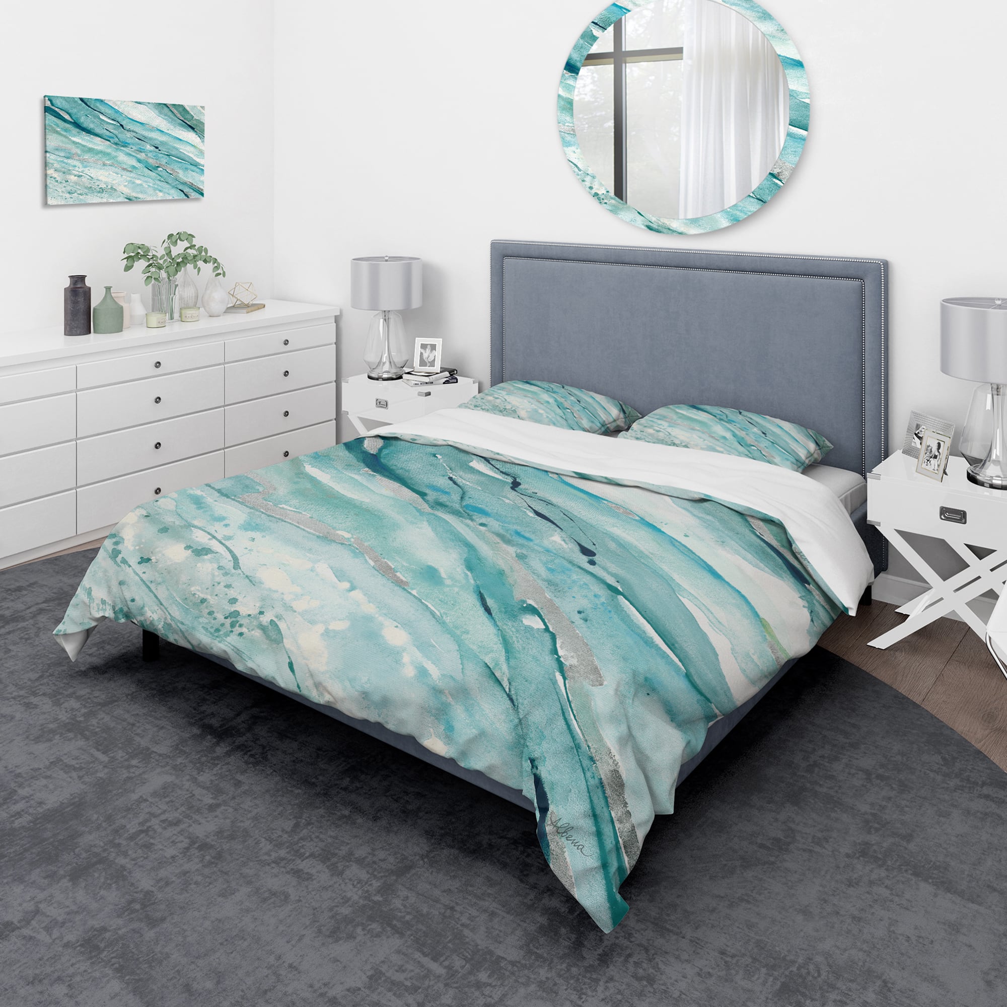 Designart &#x27;Silver Springs I Blue Green&#x27; Farmhouse Bedding Set - Duvet Cover &#x26; Shams
