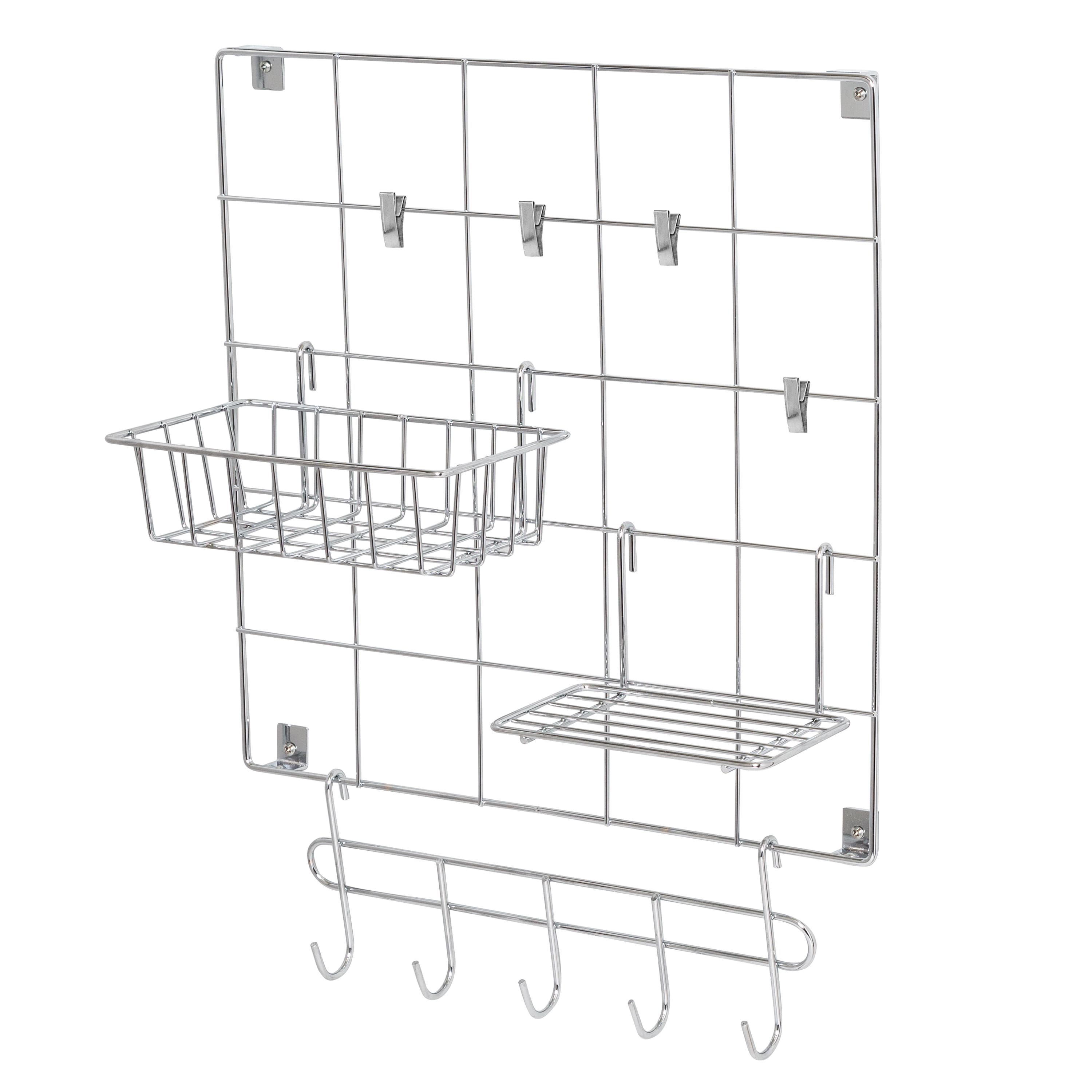 8 Piece Chrome Wire Wall Grid With Storage Accessories