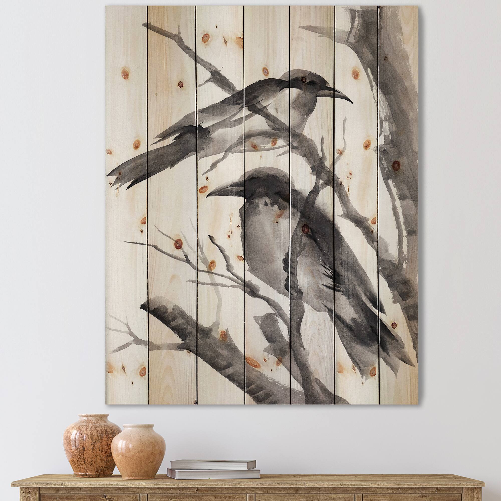 Designart - Vintage Monochrome Sleeping Crows - Traditional Print on Natural Pine Wood