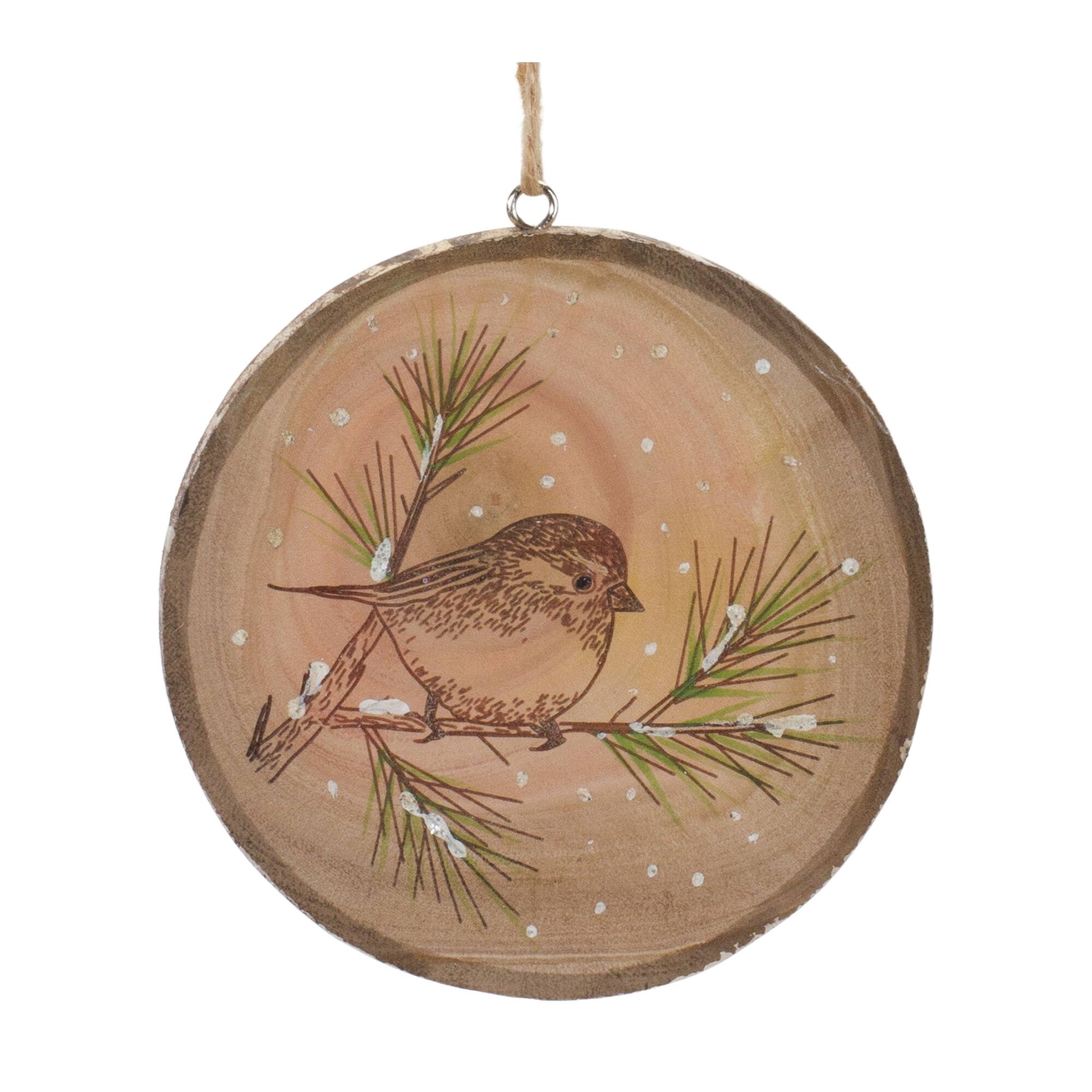 12ct. 4&#x22; Wood Bird Tree Disc Ornament Set