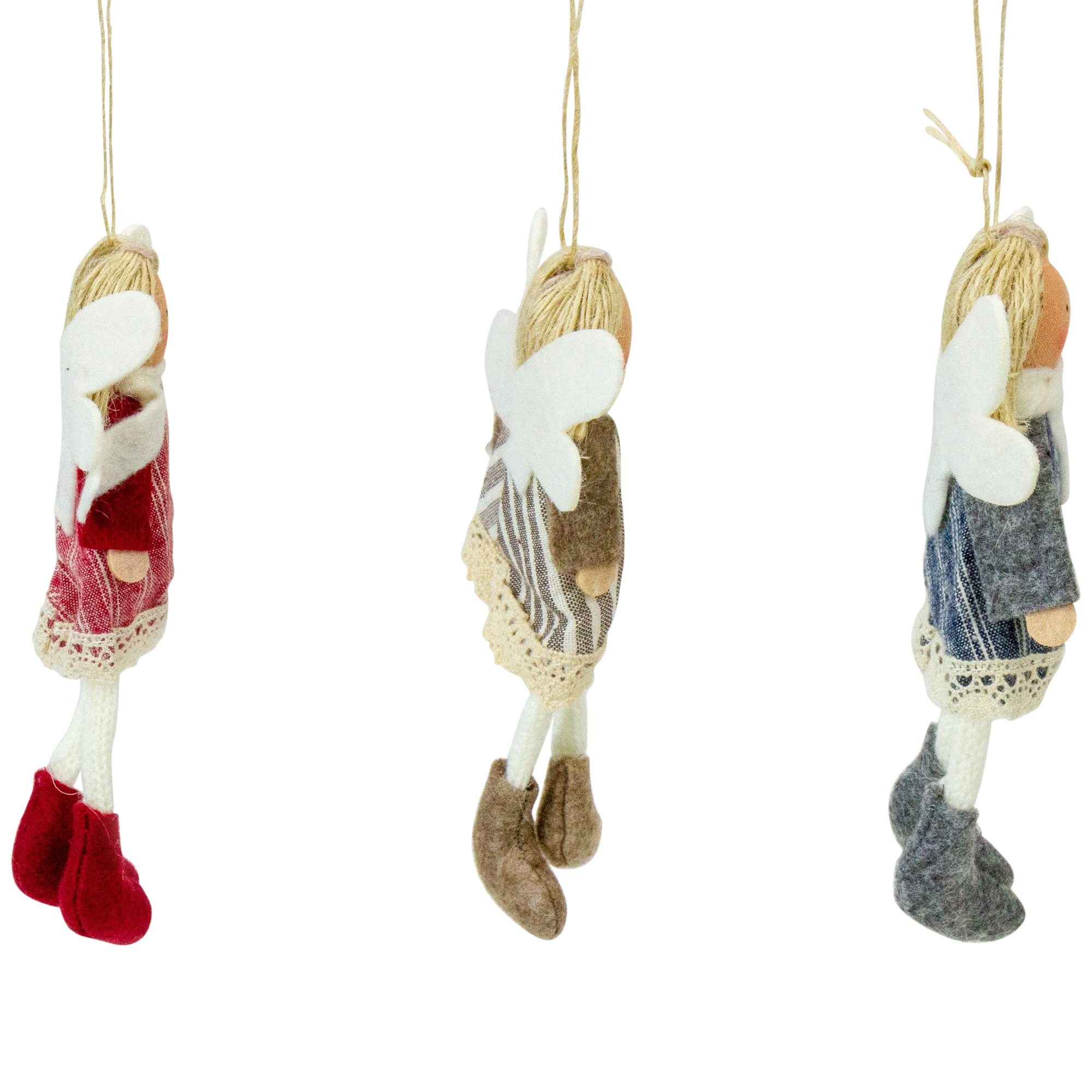Angel Doll with Wings Christmas Ornaments - 6" - Red Brown and Blue - Set of 3
