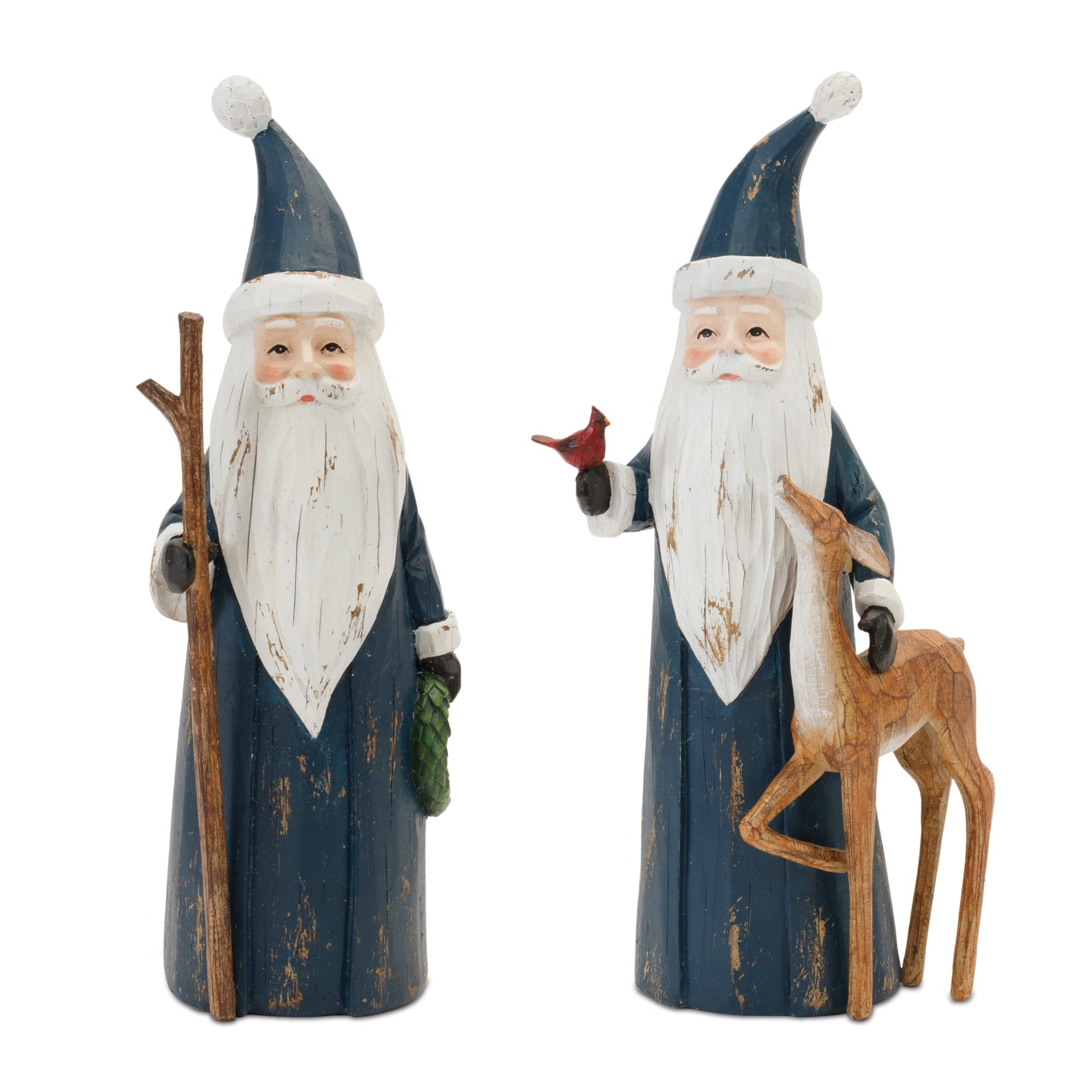 Carved Woodland Santa with Deer Figurines Set