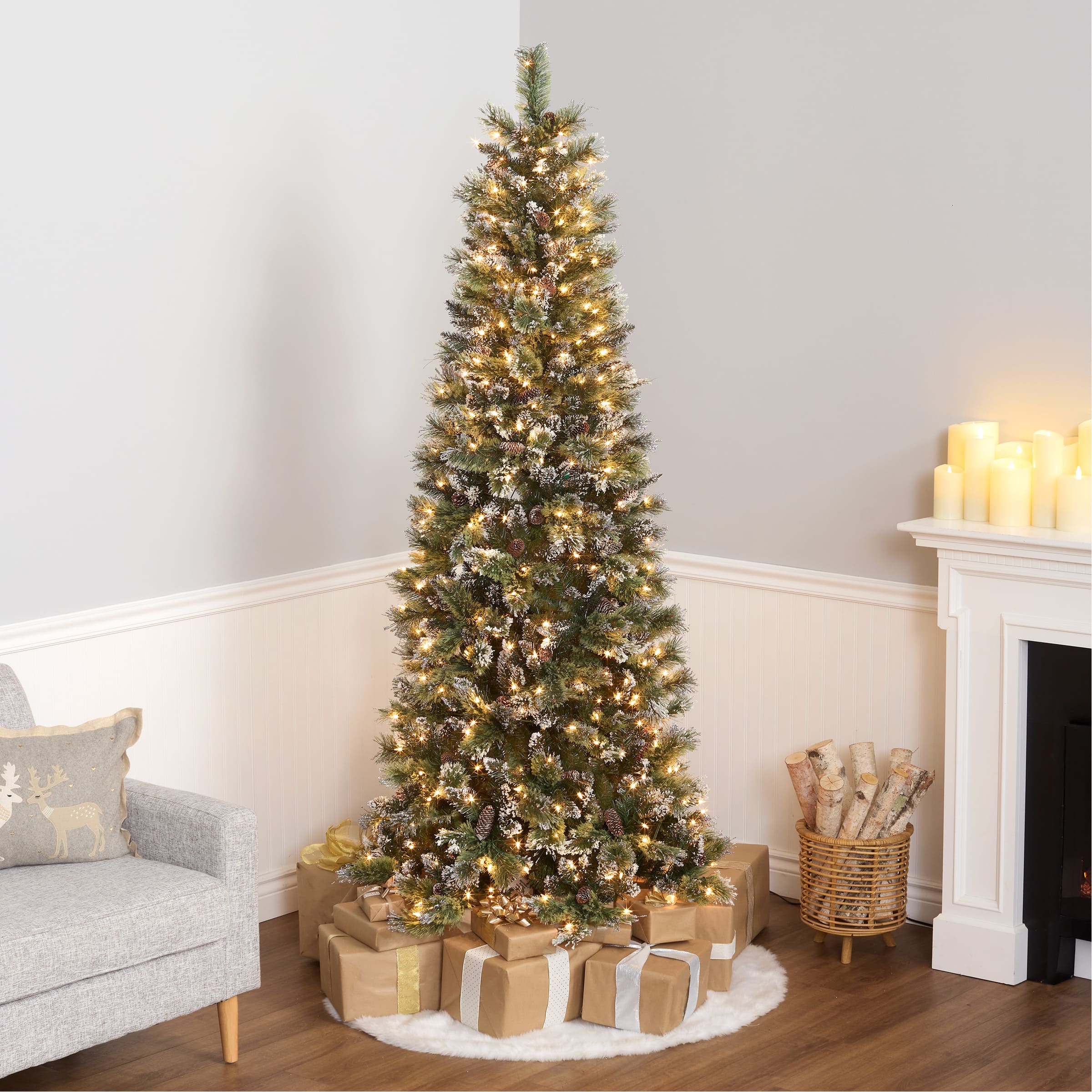 7.5ft. Pre-Lit Glittery Bristle® Slim Pine Artificial Christmas Tree, Clear Lights