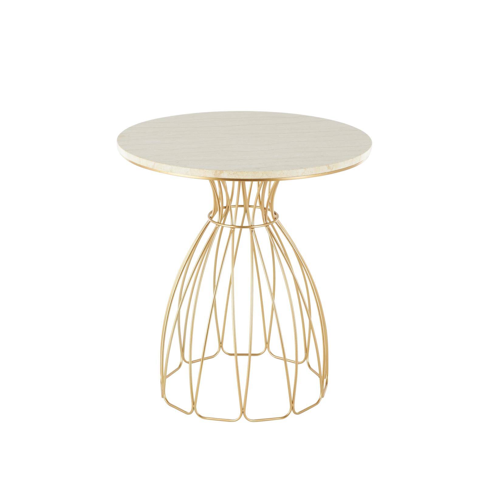 25" Gold Metal Flower Inspired Accent Table with Cream Marble Tabletop