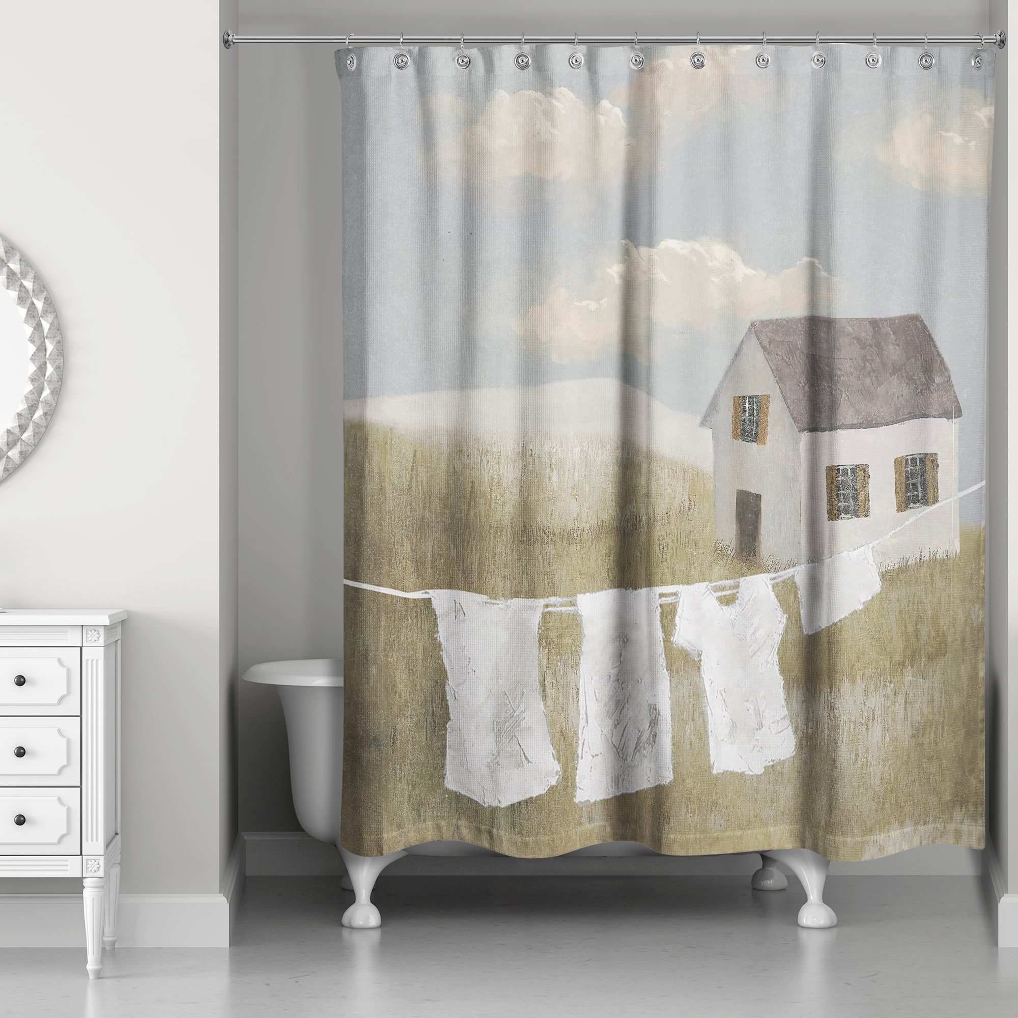 House on Hill Calming Laundry Scene 71" x 74" Shower Curtain