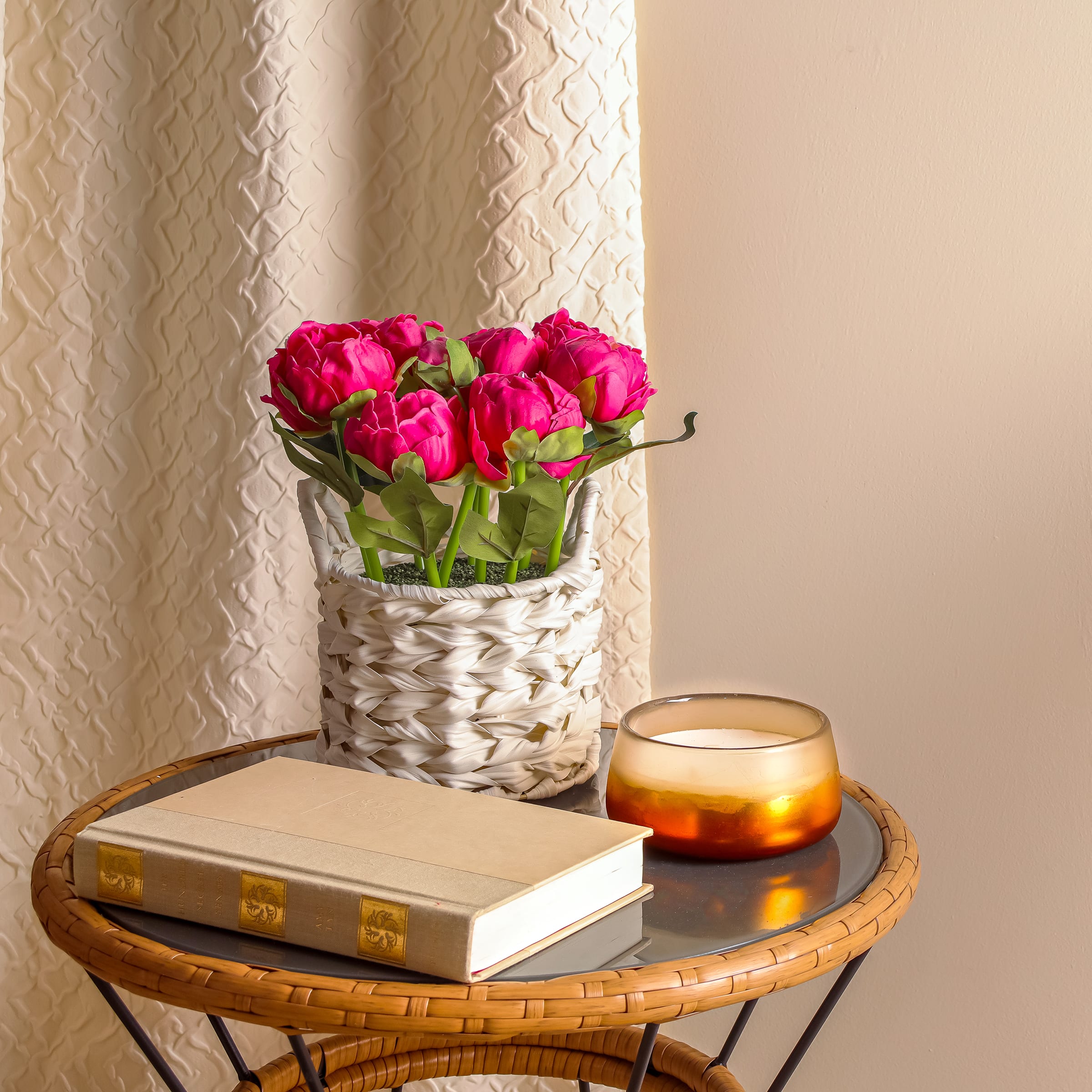 10" Peony Flower Bouquet In White Basket