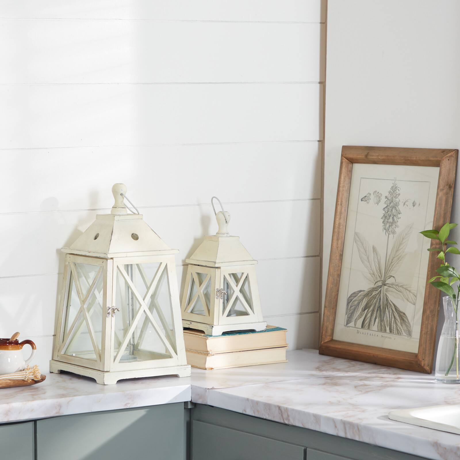 Set of 2&#x22; White Wood Coastal Lantern, 19&#x22;, 12&#x22;