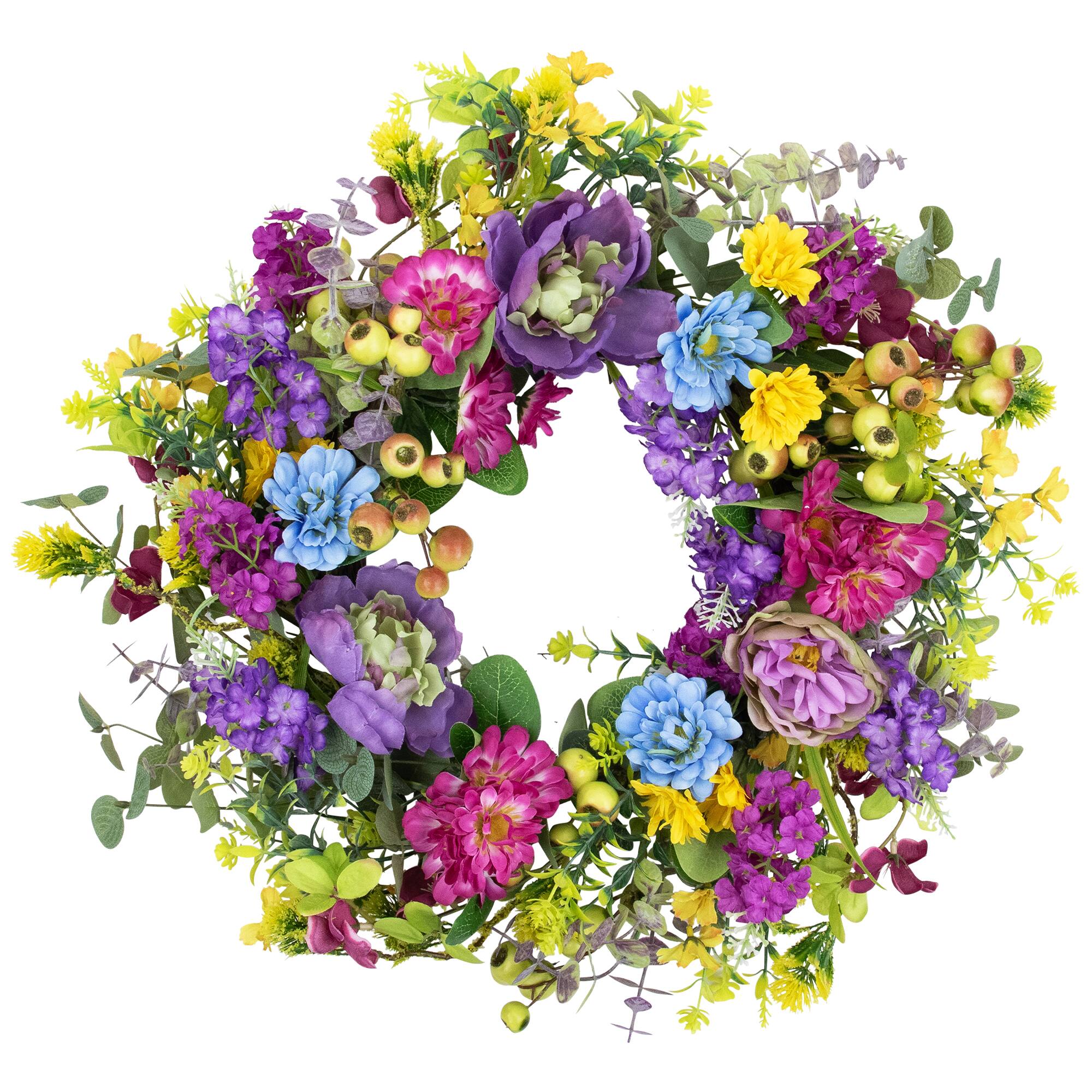 24" Multicolor Floral, Eucalyptus & Olive Spring Wreath