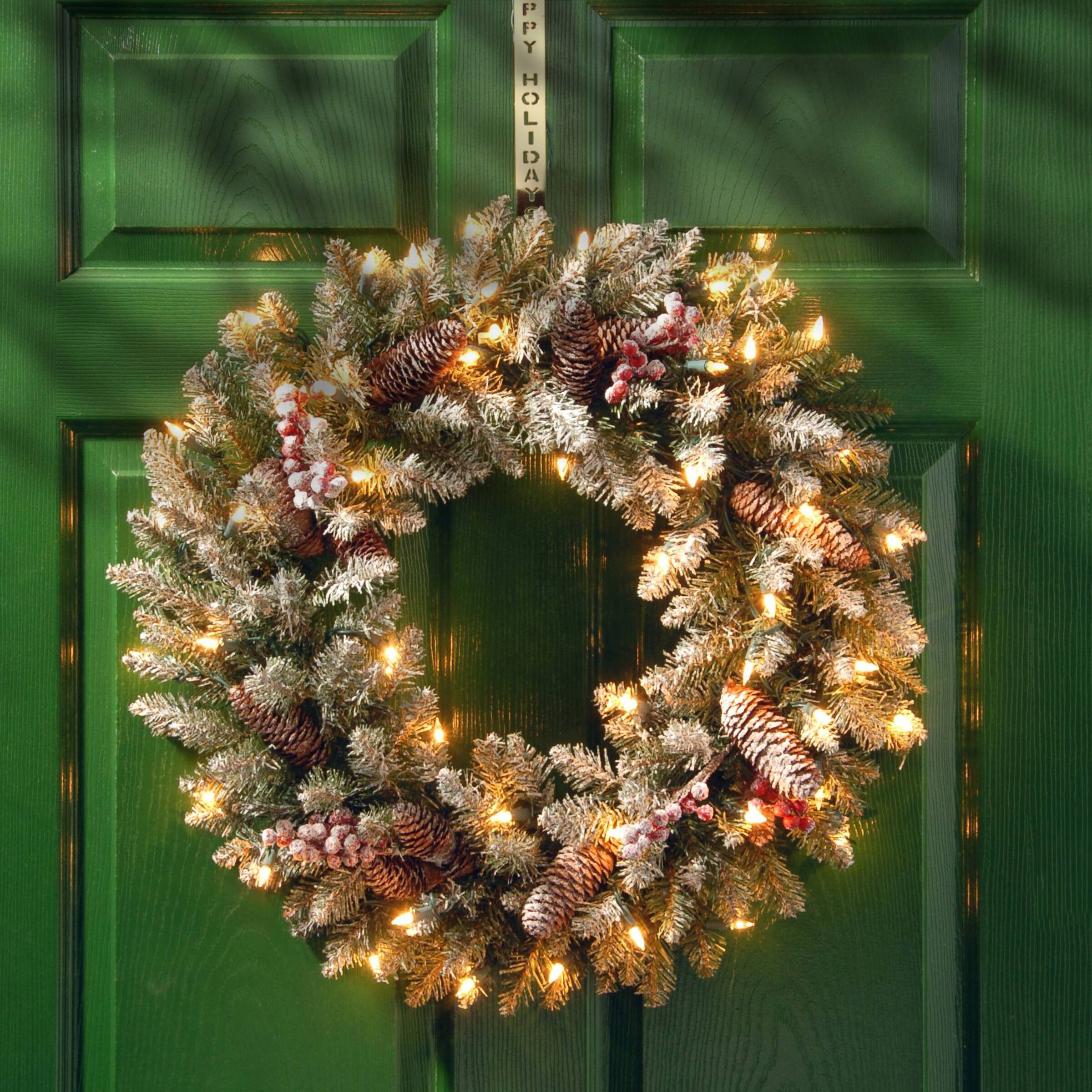 30&#x22; Dunhill&#xAE; Fir Wreath with Snow, Red Berries, Cones &#x26; 50ct. Clear Lights