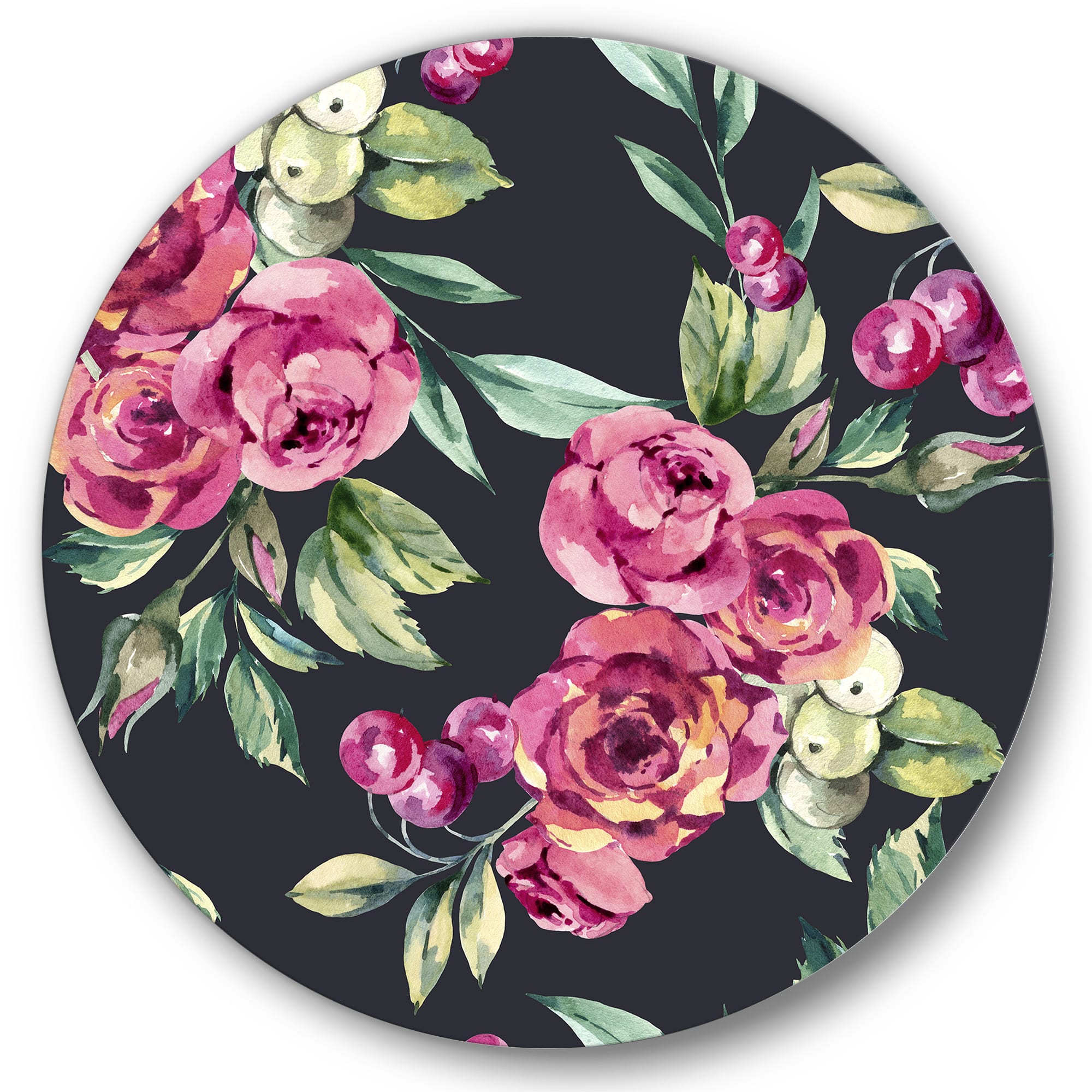 Designart - Red VIntage Roses and Berries On Black - Farmhouse Metal Circle Wall Art