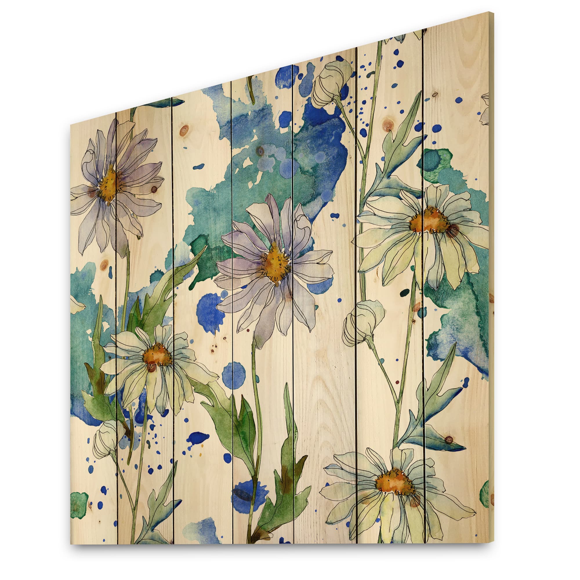 Designart - Daisies With Green Leaves II - Traditional Print on Natural Pine Wood