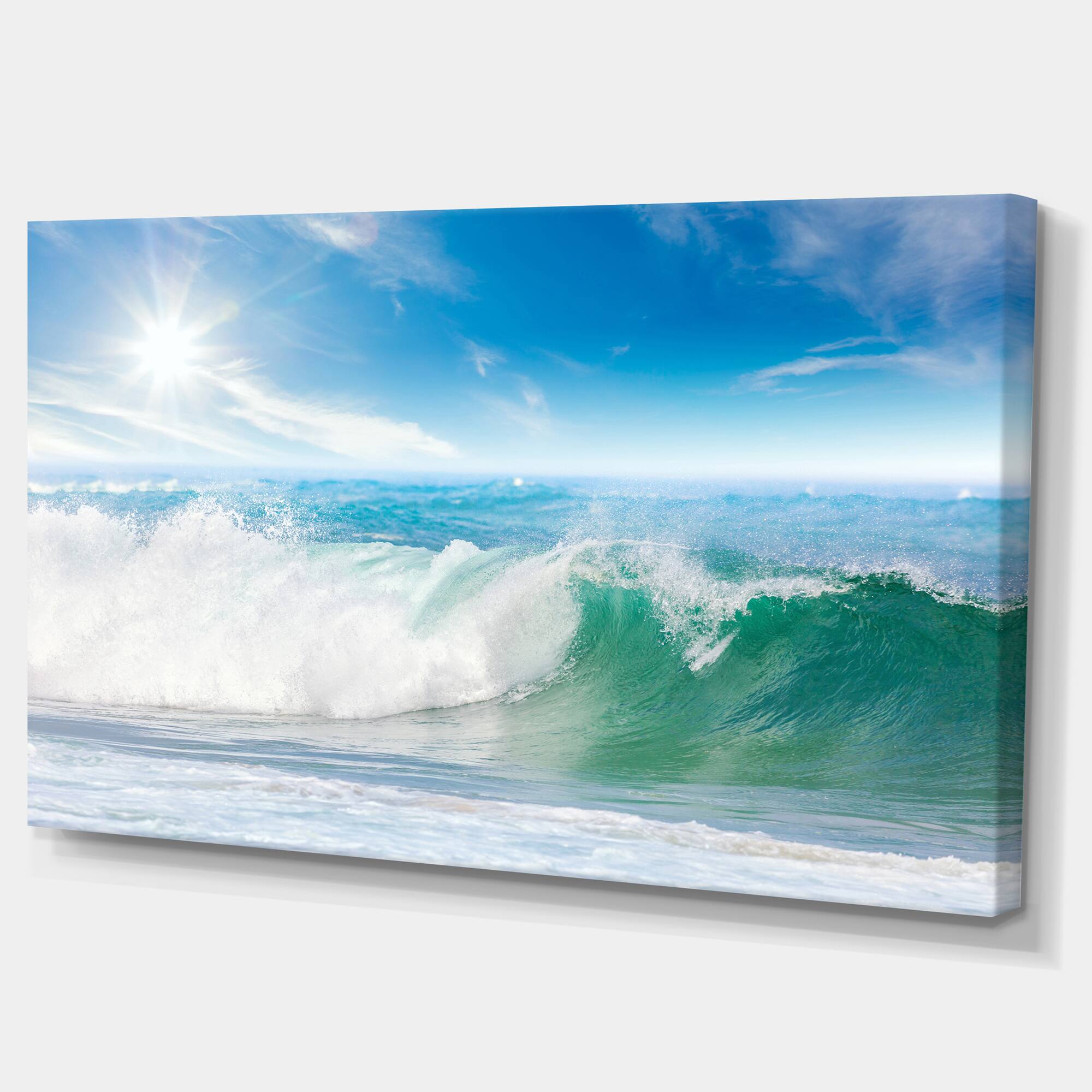 Designart - White and Blue Waves under Sun - Seascape Canvas Art Print