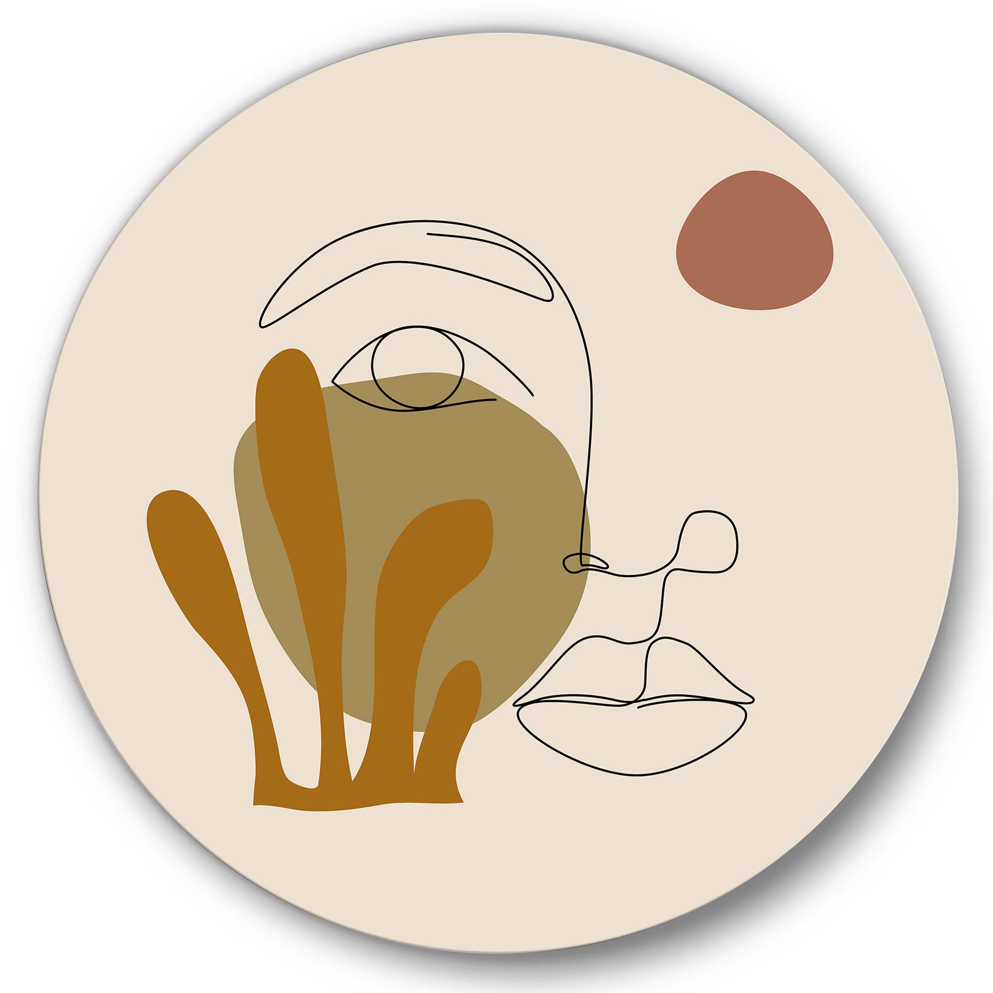 Designart - One Line Art Portrait of Woman In Terracotta Tones - Modern Metal Circle Wall Art