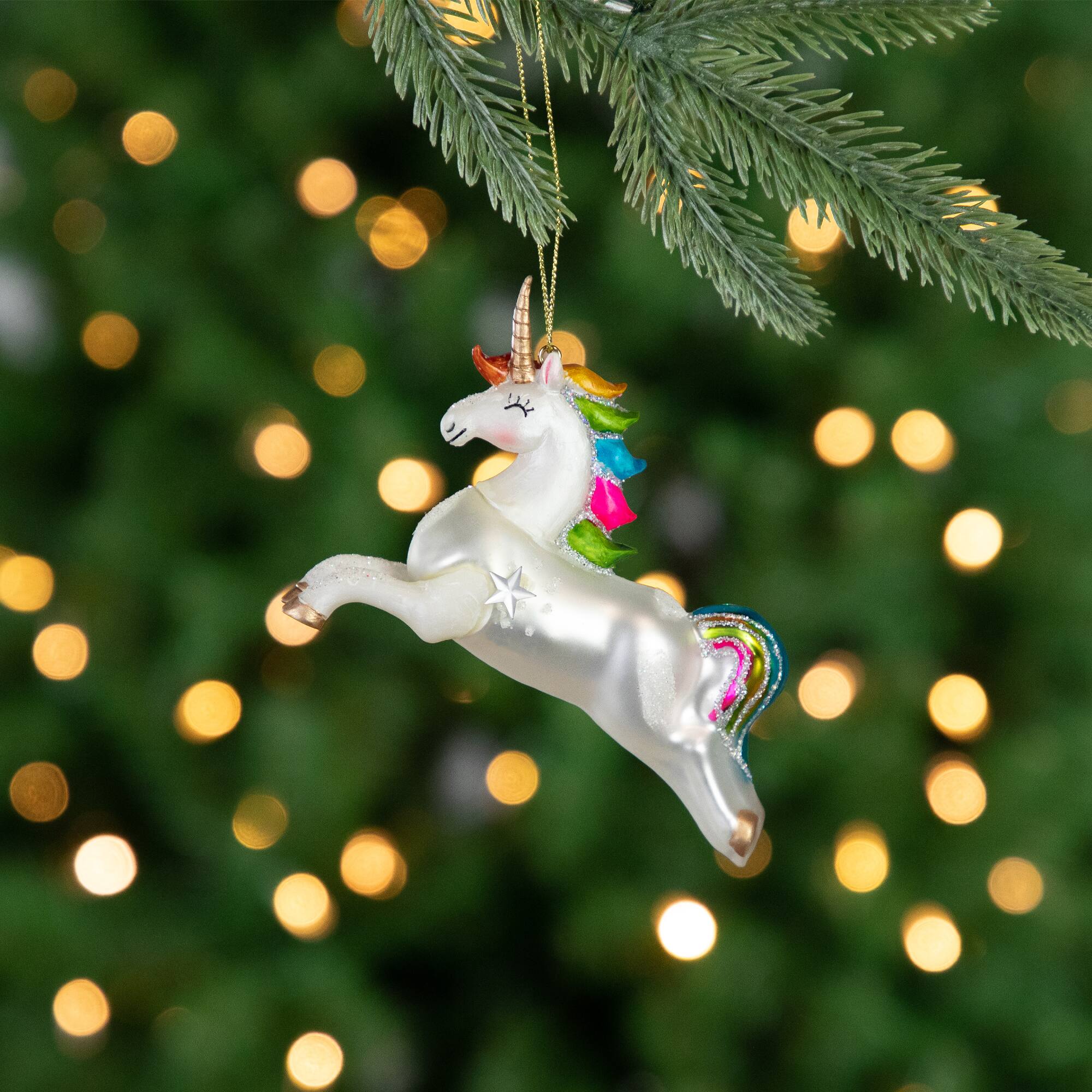 White Unicorn with Rainbow Mane Glittered Christmas Glass Ornament