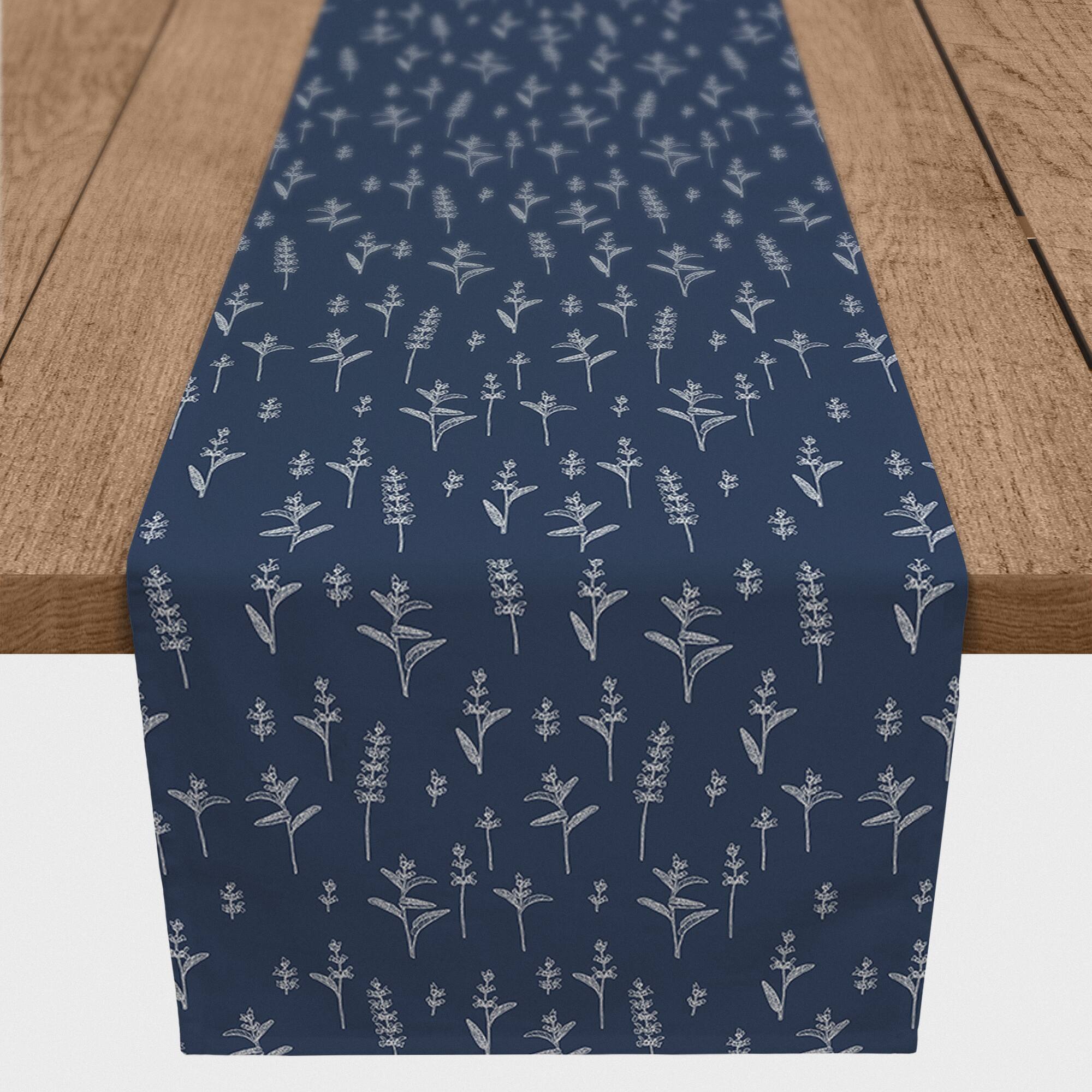 90&#x22; Navy Blue Botanical Pattern Cotton Twill Table Runner