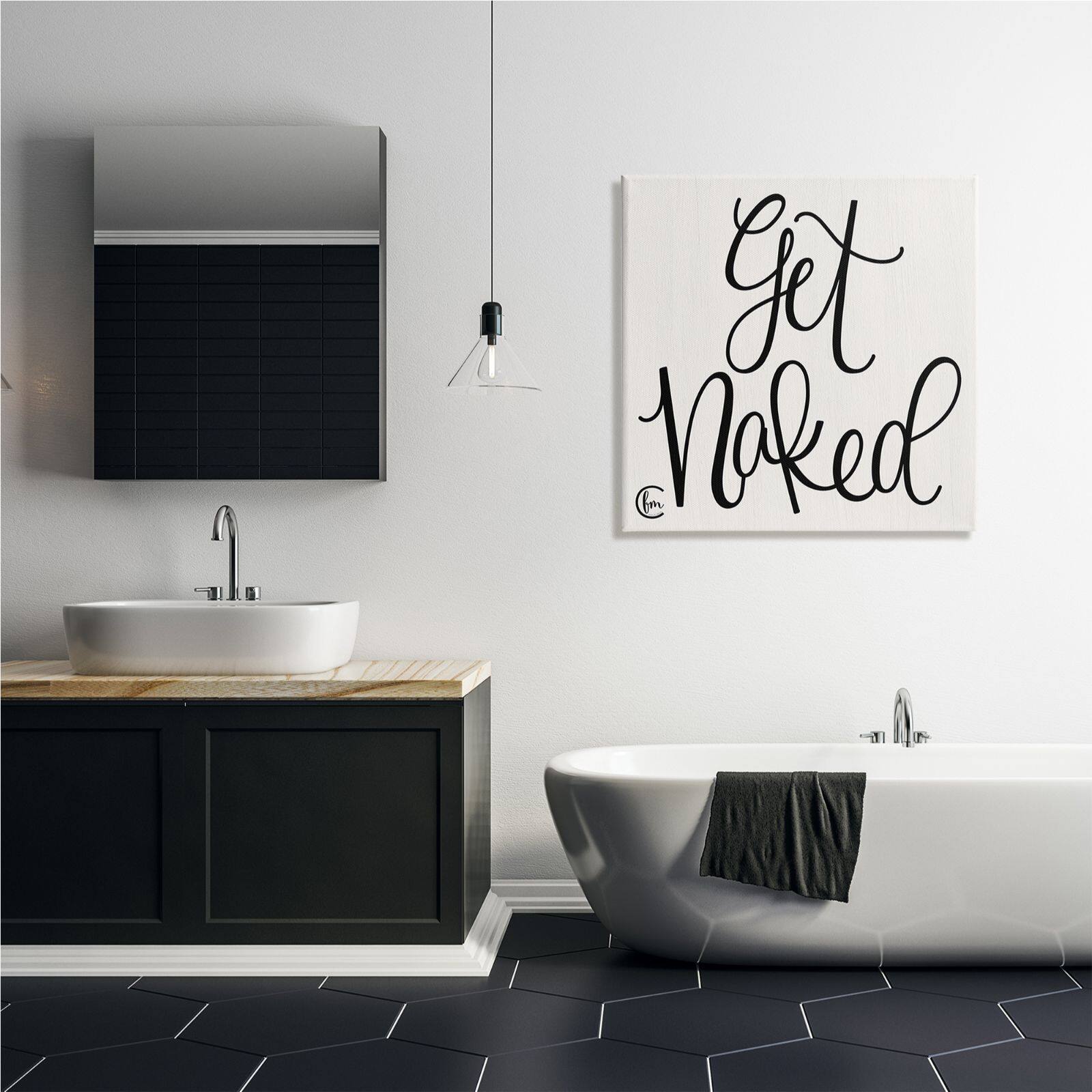 Stupell Industries Get Naked Black and White Curly Script Cursive Typography Canvas Wall Art