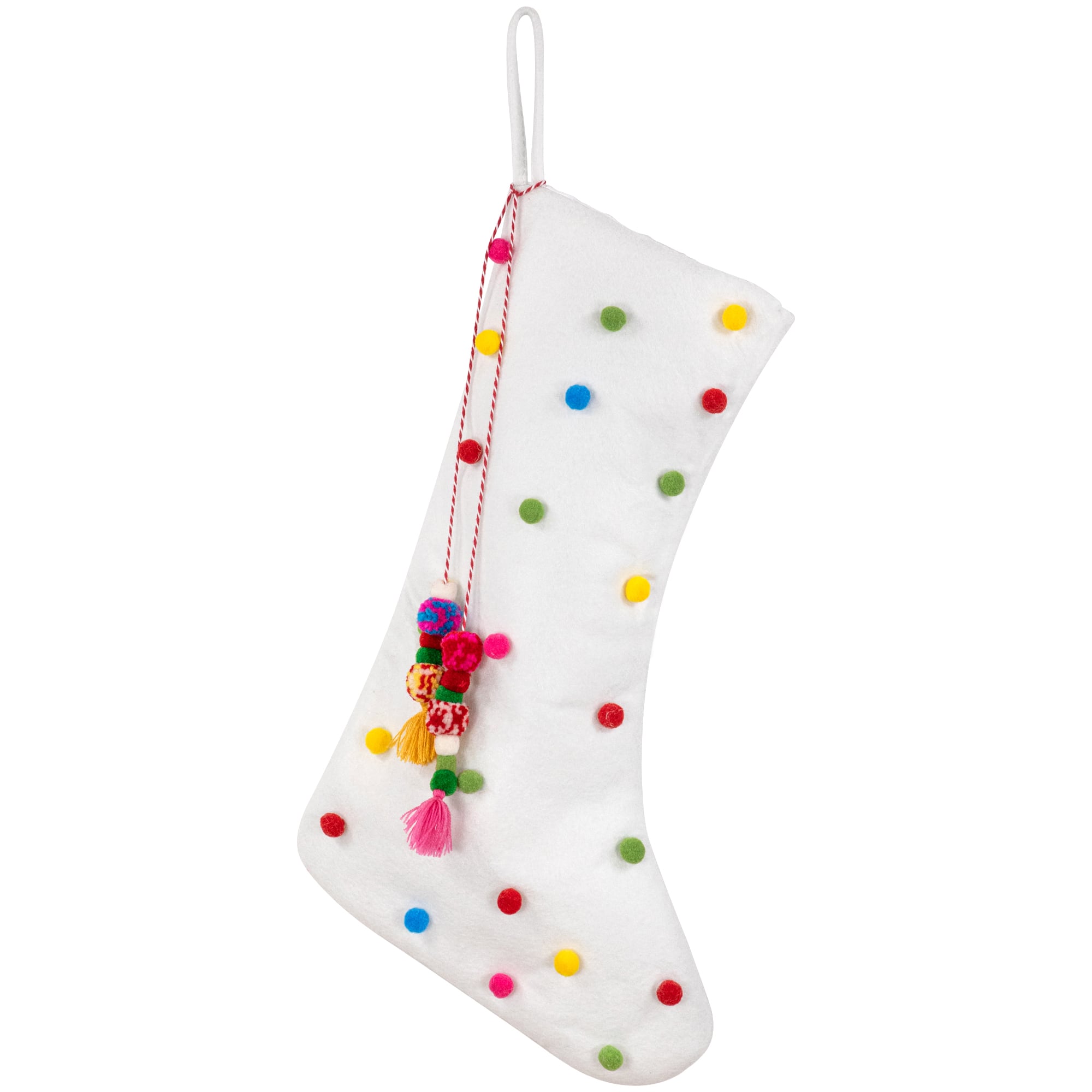 20&#x22; White Christmas Stocking with Multicolor Pom-Poms and Tassels
