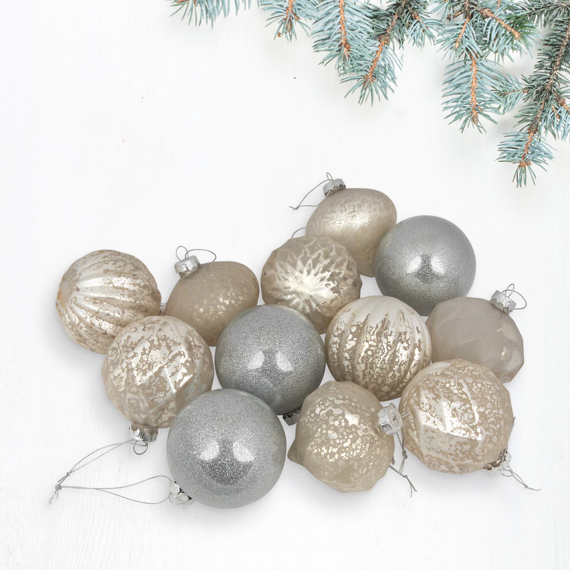 12ct. 3-Finish Champagne &#x26; Silver Glass Ornaments