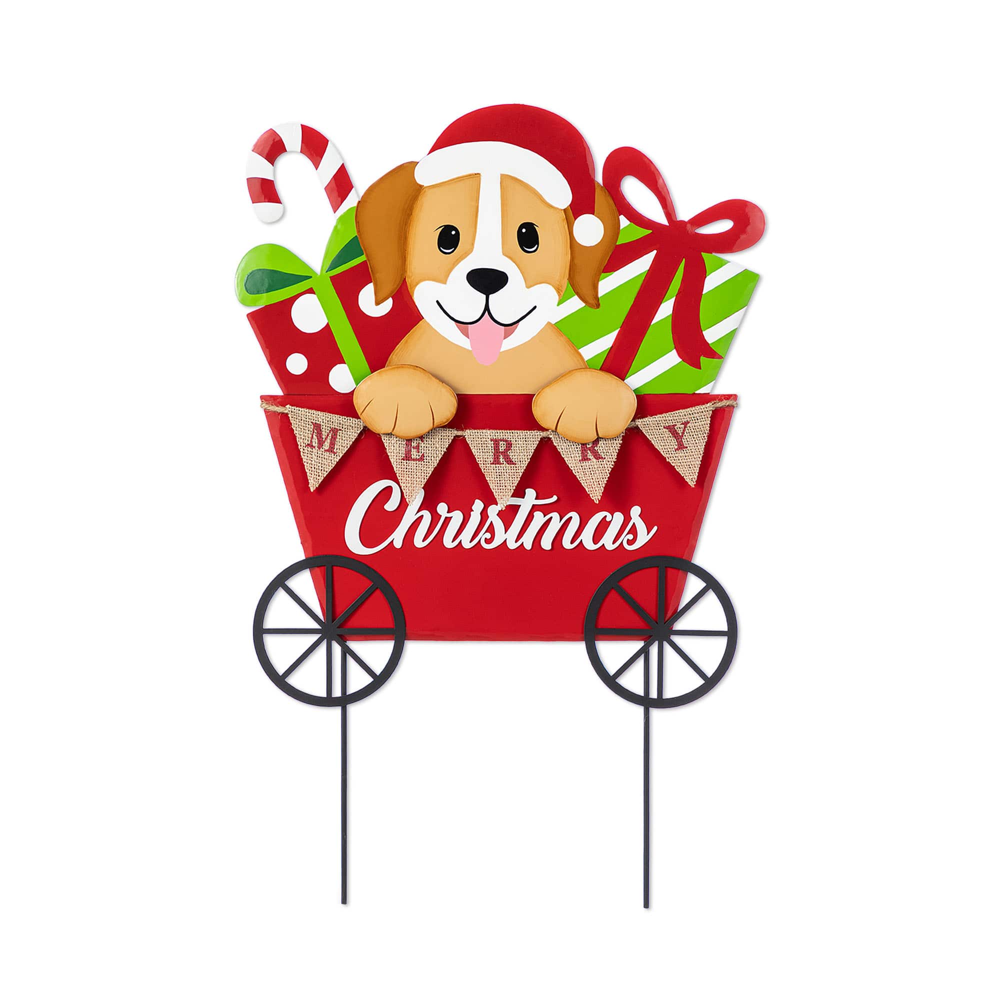 Glitzhome&#xAE; 24&#x22; Metal Christmas Dog and Gift Cart Yard Stake