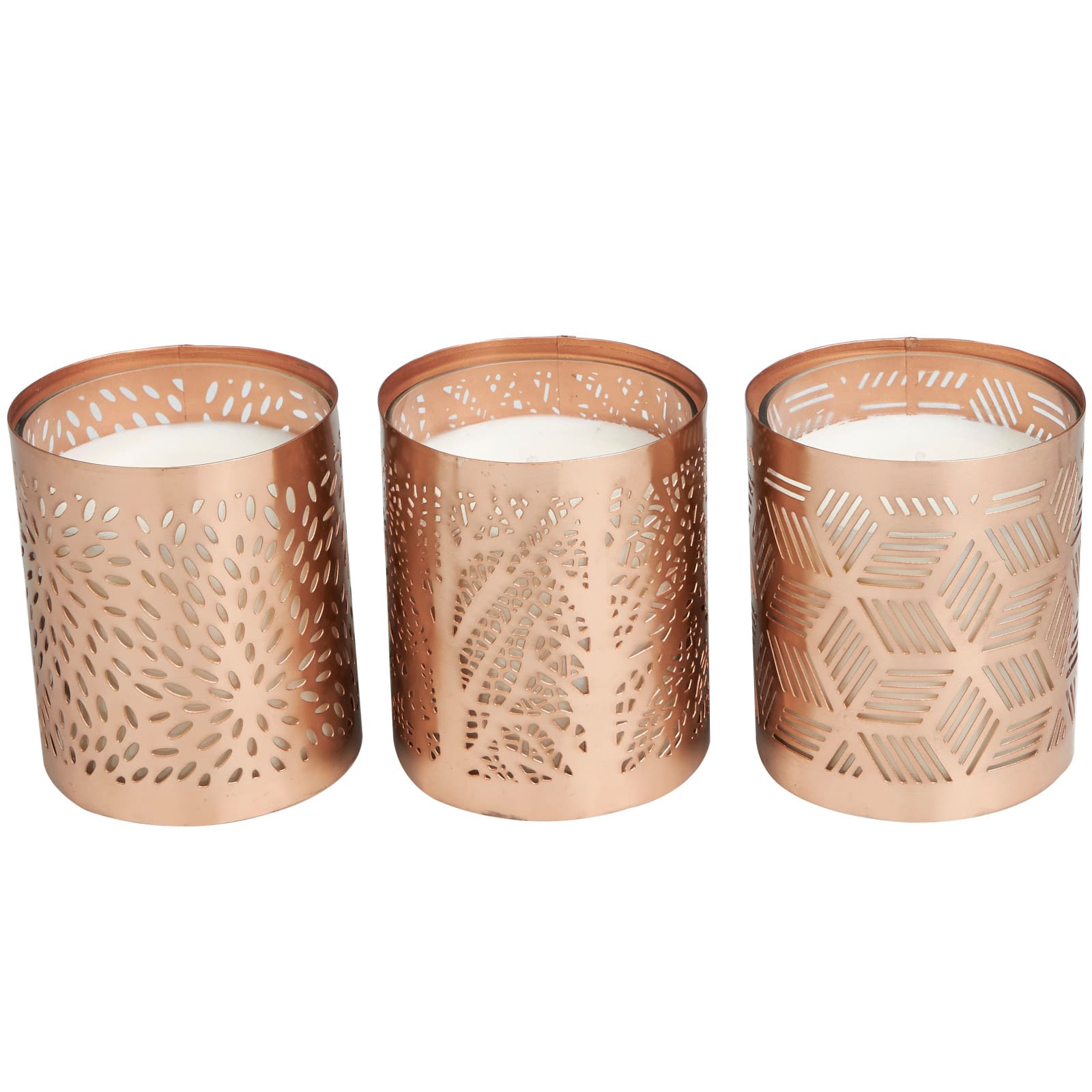 White Wax Campfire Scented Candle with Geometric Copper Containers, 3ct.