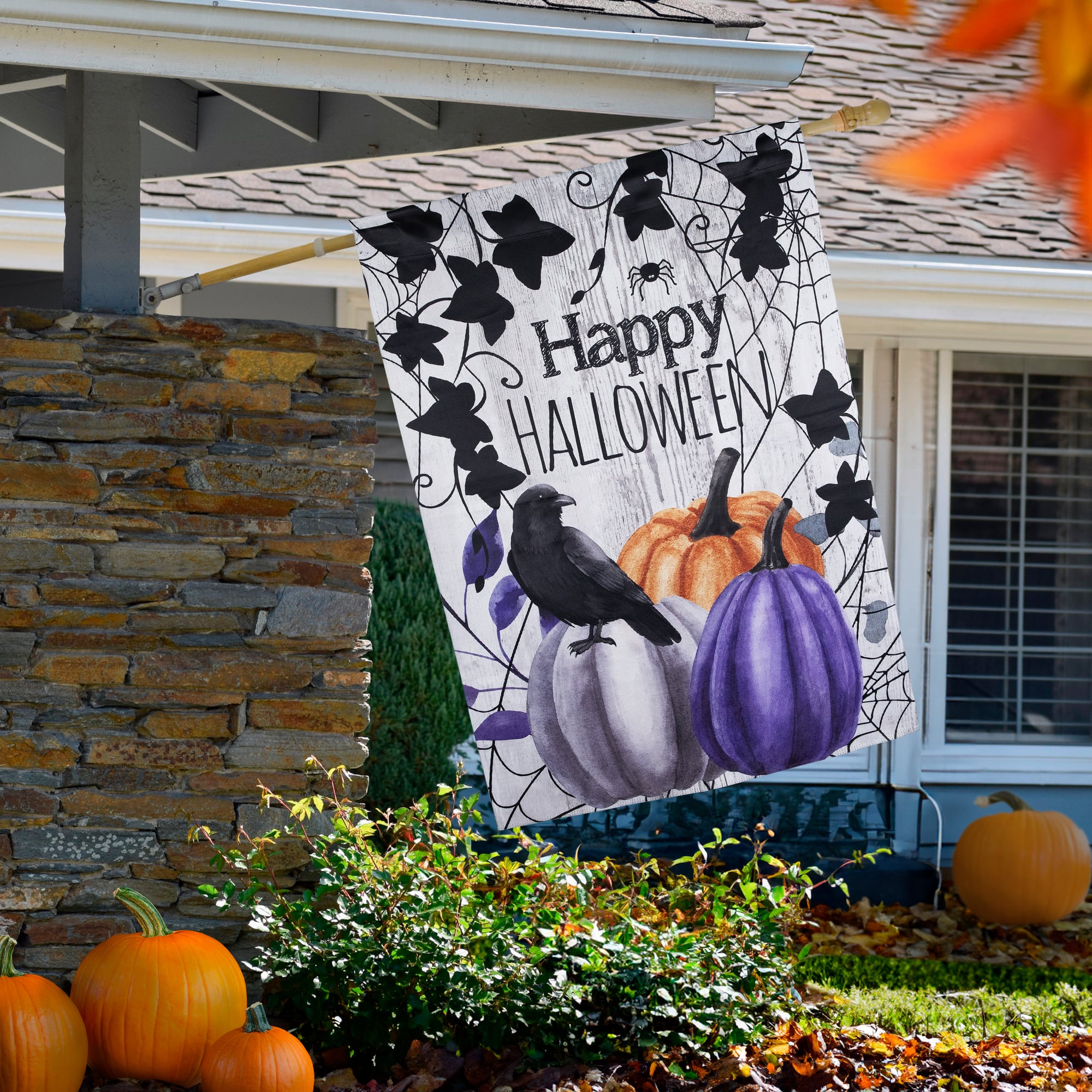 40&#x22; x 28&#x22; Pumpkins &#x26; Crow Happy Halloween Outdoor House Flag