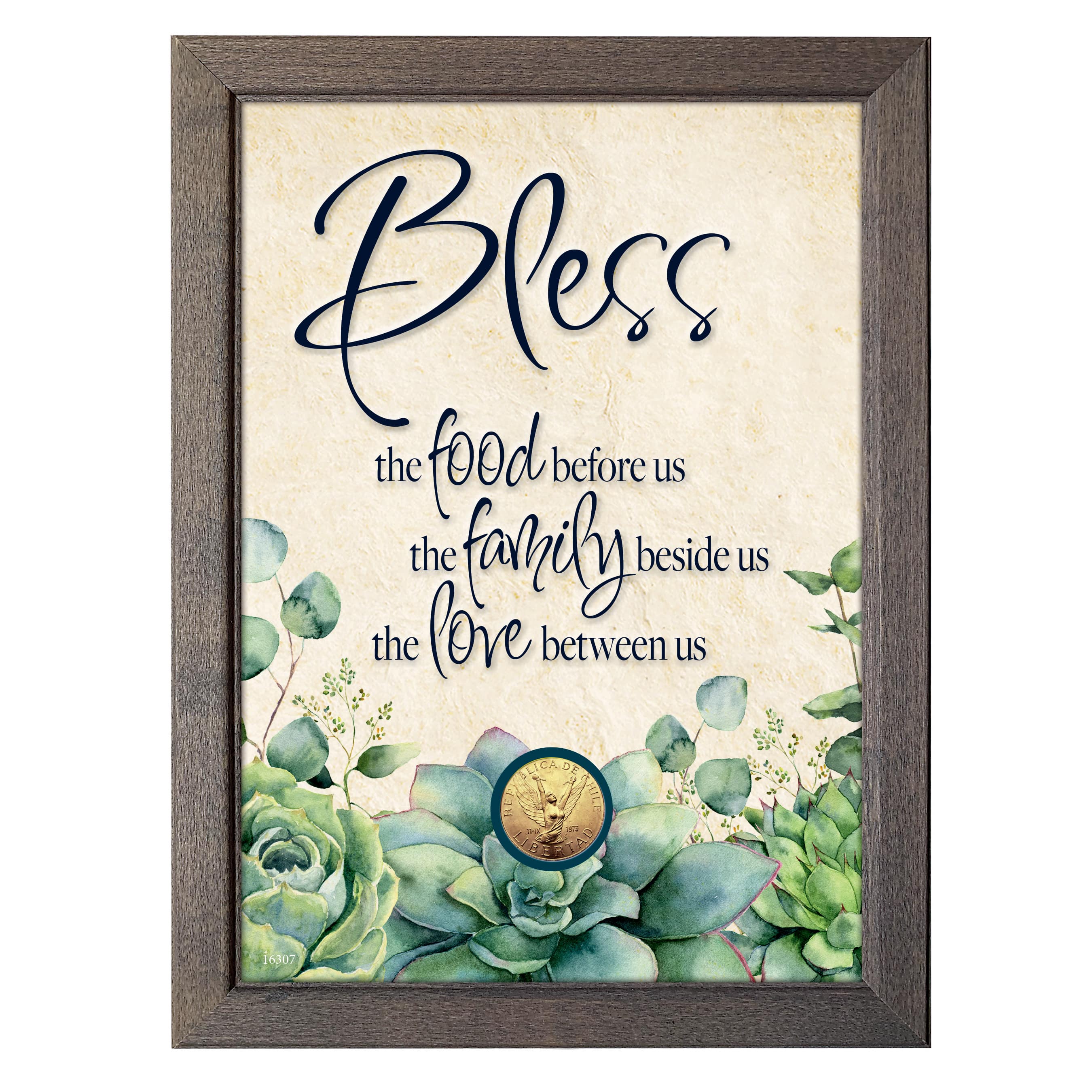 Bless Food, Family, Love With Angel Coin in 5" x 7" Frame