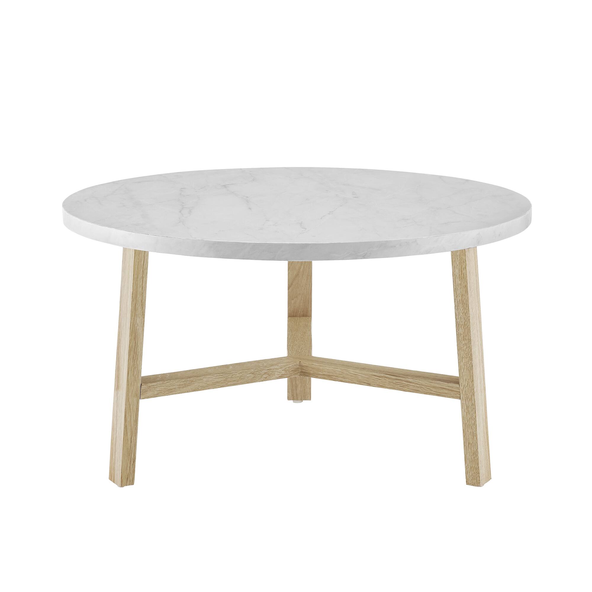 Faux White Marble &#x26; Light Oak Mid Century Modern Round Coffee Table
