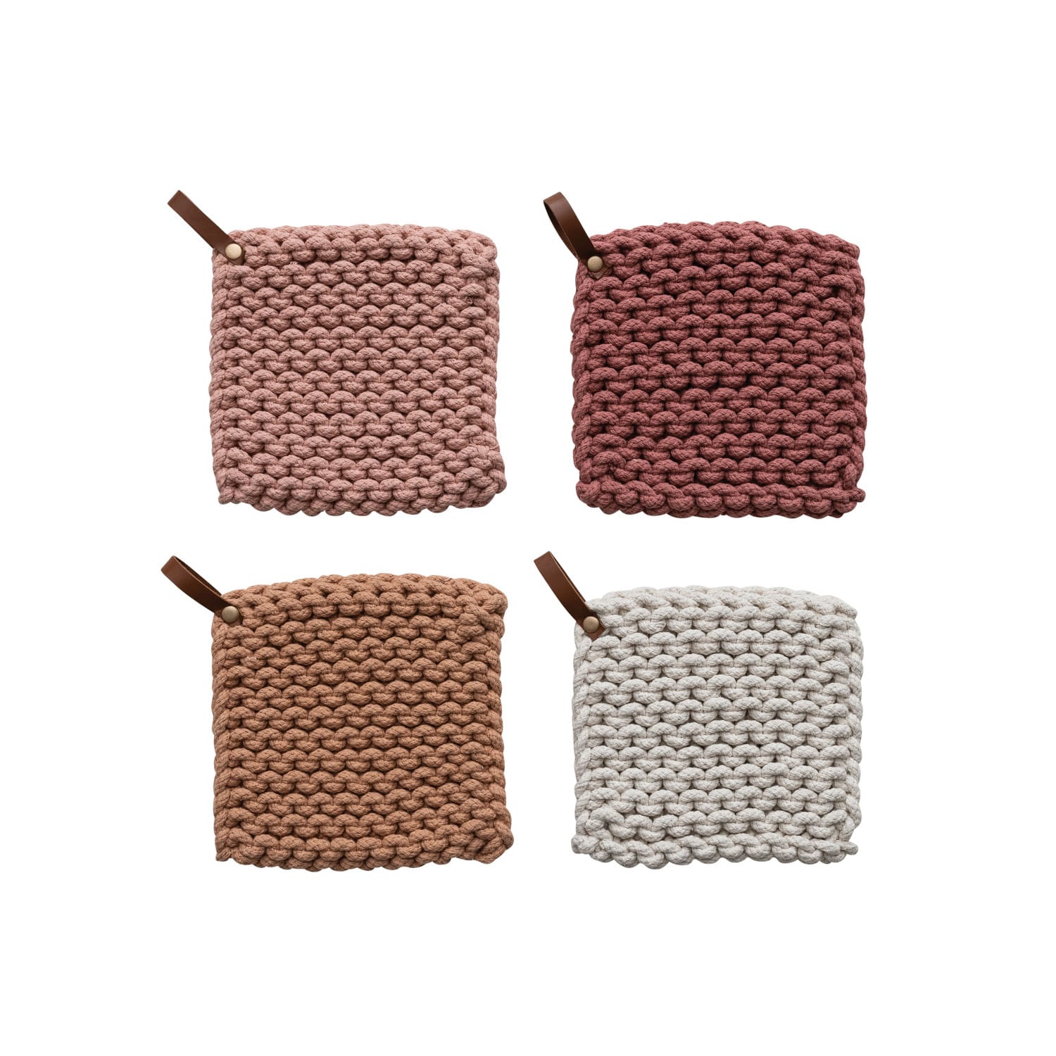 Solid Color Cotton Crocheted Pot Holder with Leather Loop Handle Set