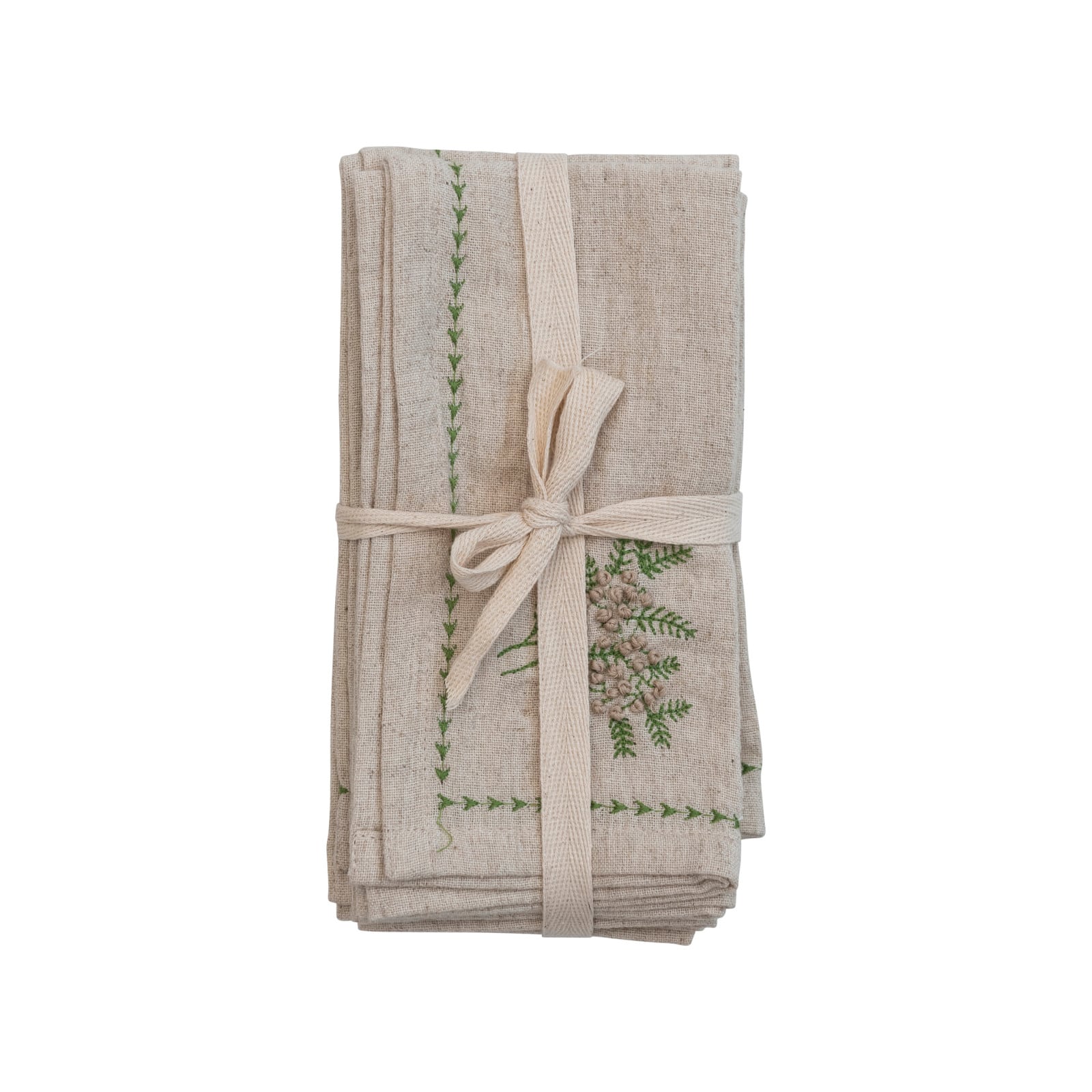 Hello Honey® 18" Natural & Green Square Cotton & Linen Napkins with Botanical Embroidery, 4ct.