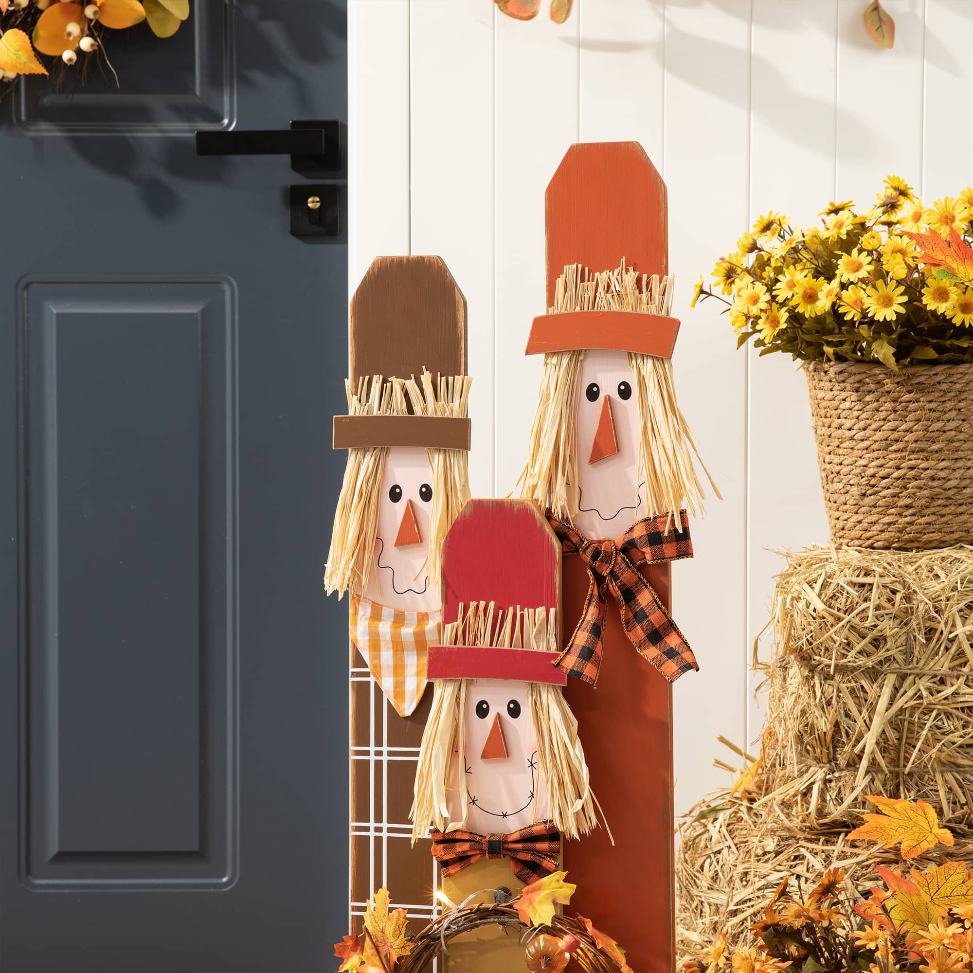 Glitzhome&#xAE; 36.25&#x22; Wooden Scarecrow Family Porch D&#xE9;cor with Lighted Wreath &#x26; Timer