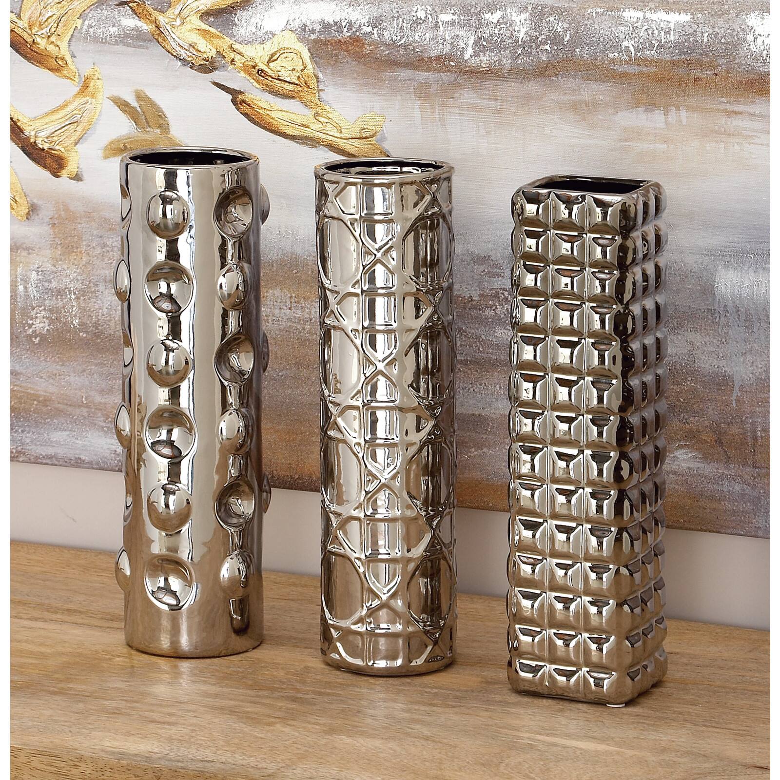 12&#x22; Silver Ceramic Glam Vase Set