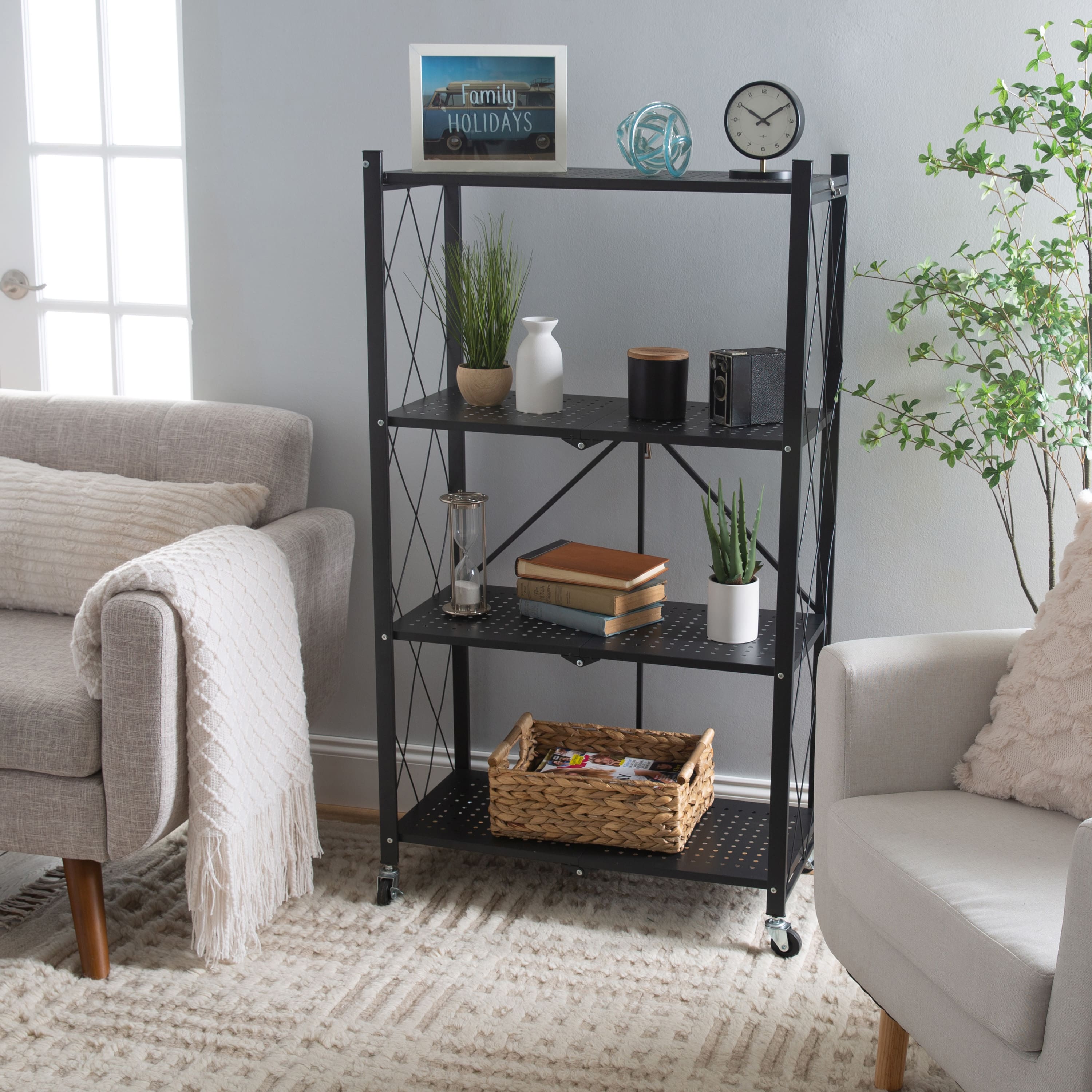 Organize It All Black 4-Tier Foldable Metal Rack with Wheels
