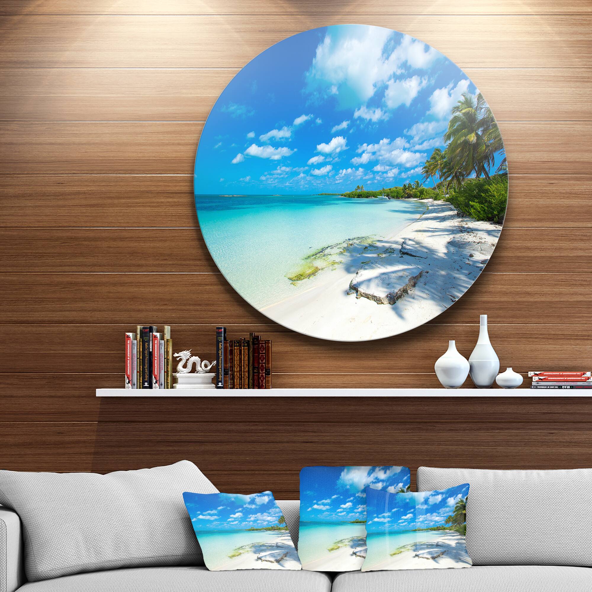 Designart - Tropical Beach with Palm Shadows&#x27; Large Seashore Metal Circle Wall Art