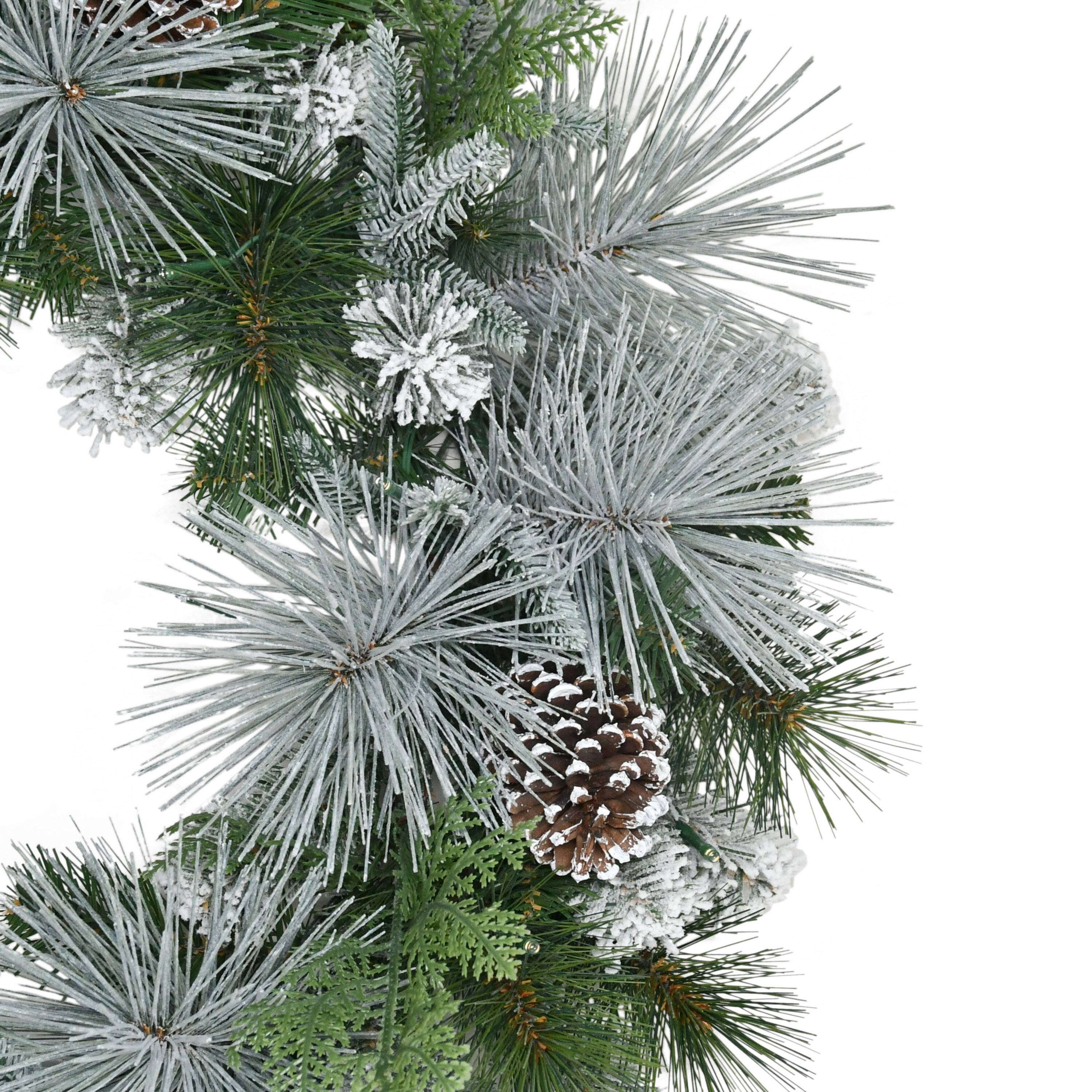 24" Pre-Lit Green Flocked Artificial Wreath with Pinecones