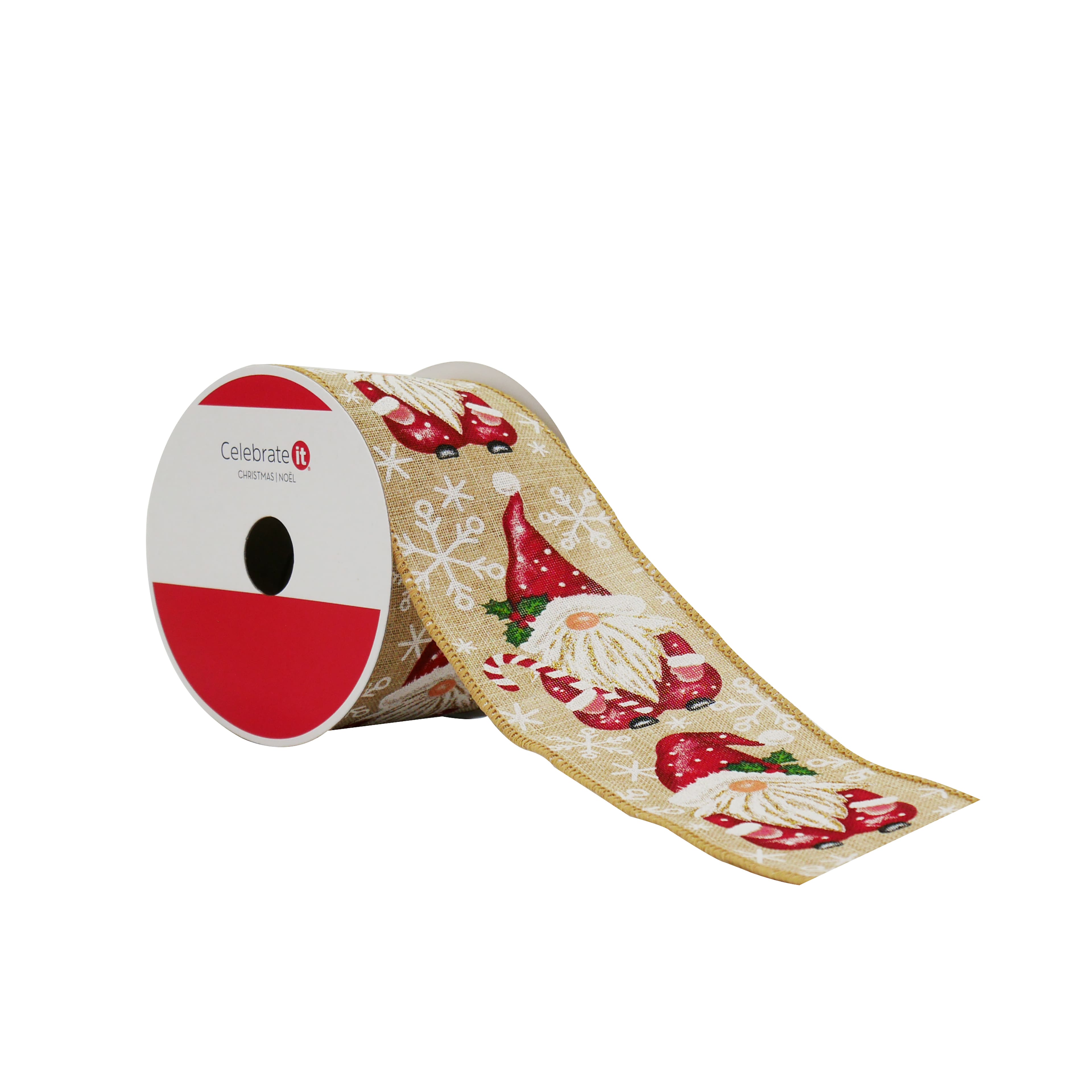 2.5&#x22; x 20ft. Santa Gnomes Wired Faux Linen Ribbon by Celebrate It&#xAE;