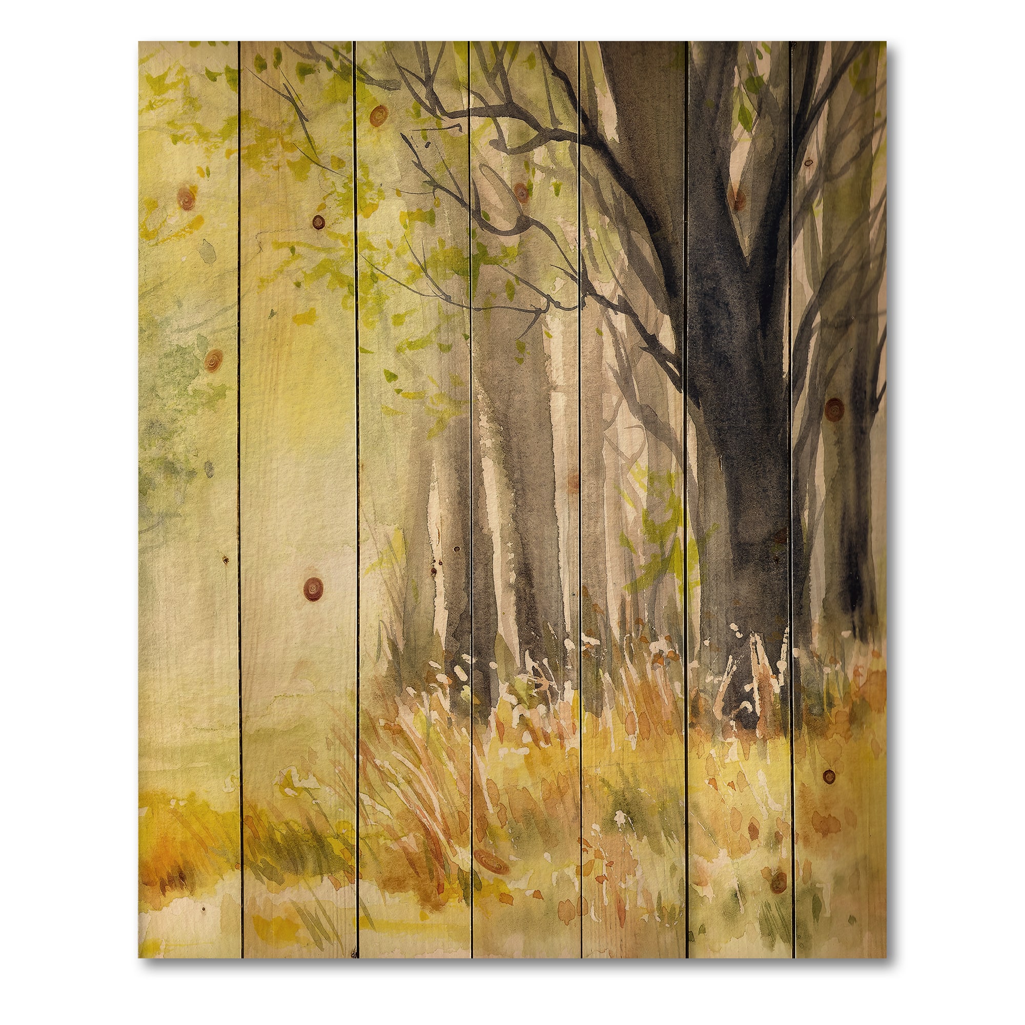 Designart - Bright Sunshine Through The Forest Trees II - Traditional Print on Natural Pine Wood