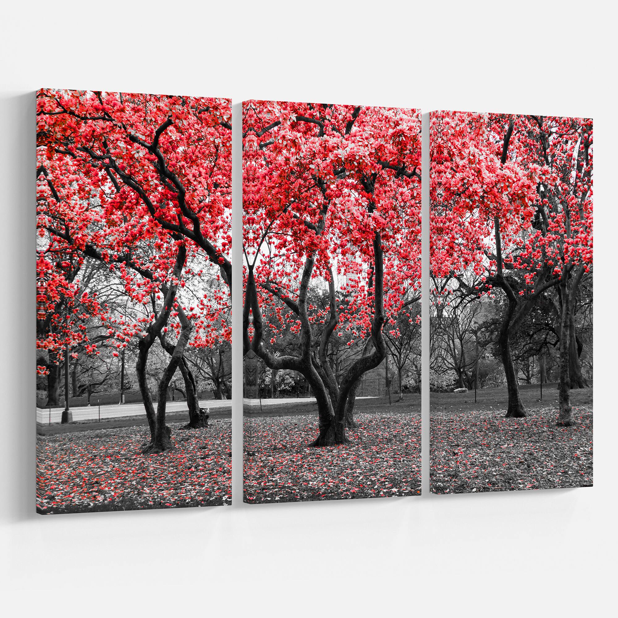 Designart - Red flower Trees Blossom - Floral Landscapes Photographic on Wrapped Canvas set