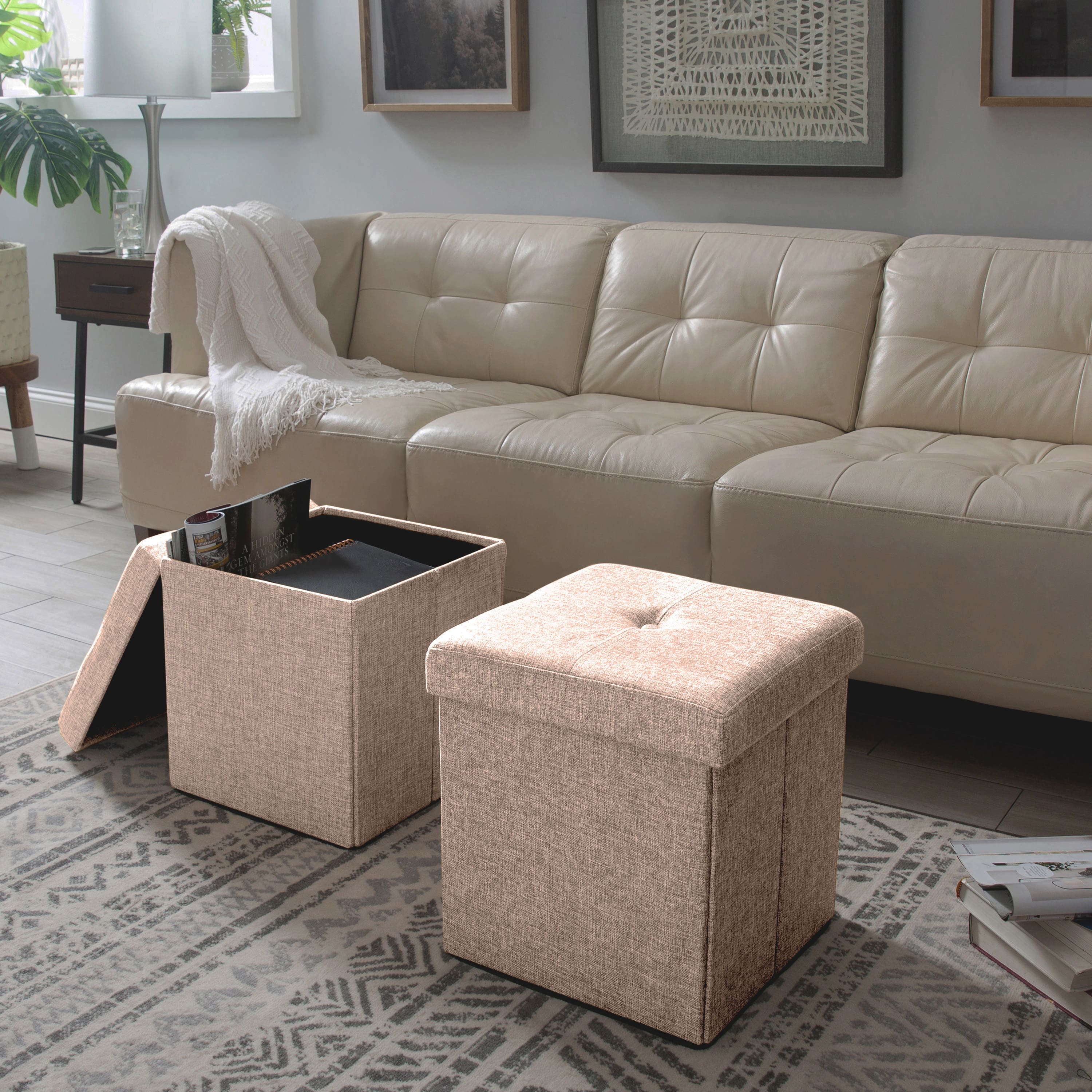 Simplify 15" Faux Linen Folding Storage Ottoman Cube