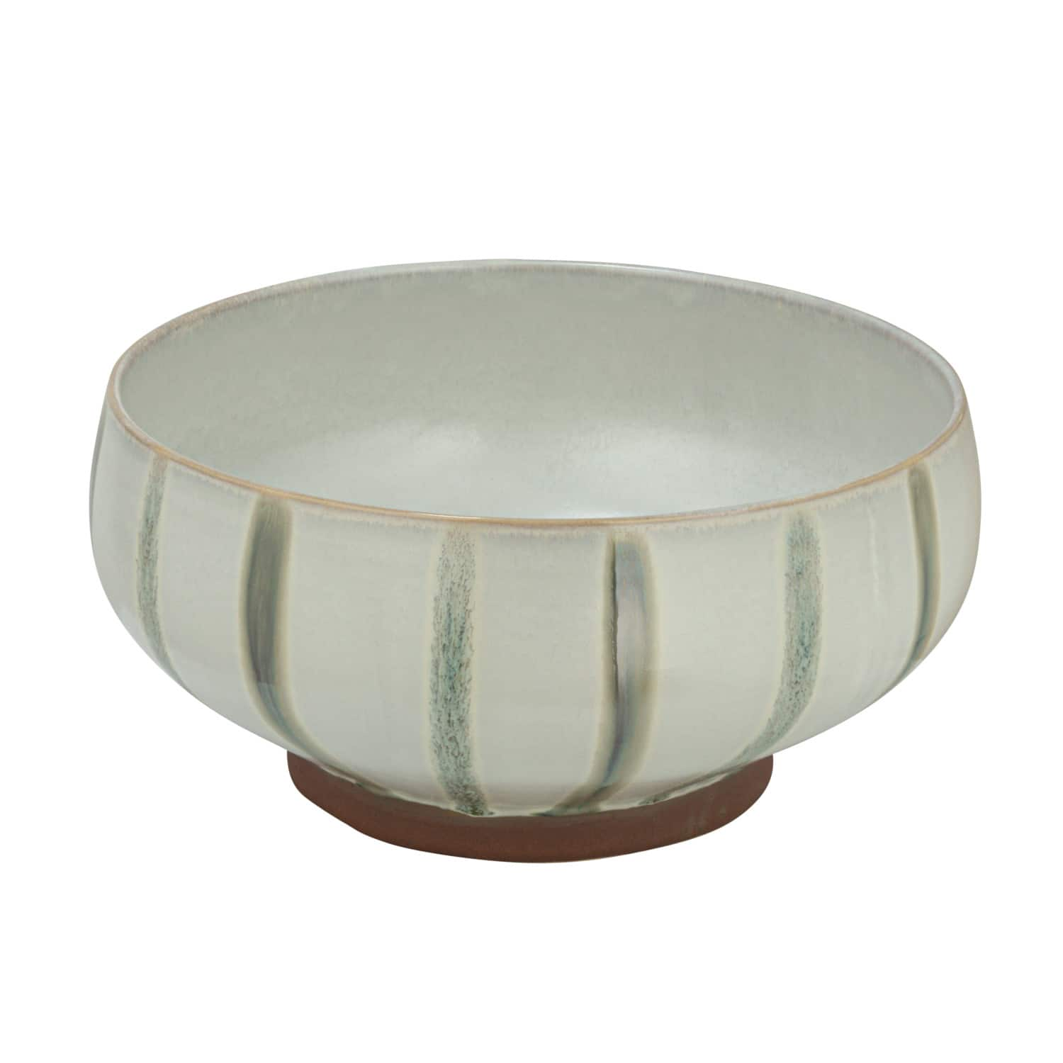 10&#x22; Cream &#x26; Green Reactive Glaze Stripes Hand-Painted Stoneware Bowl