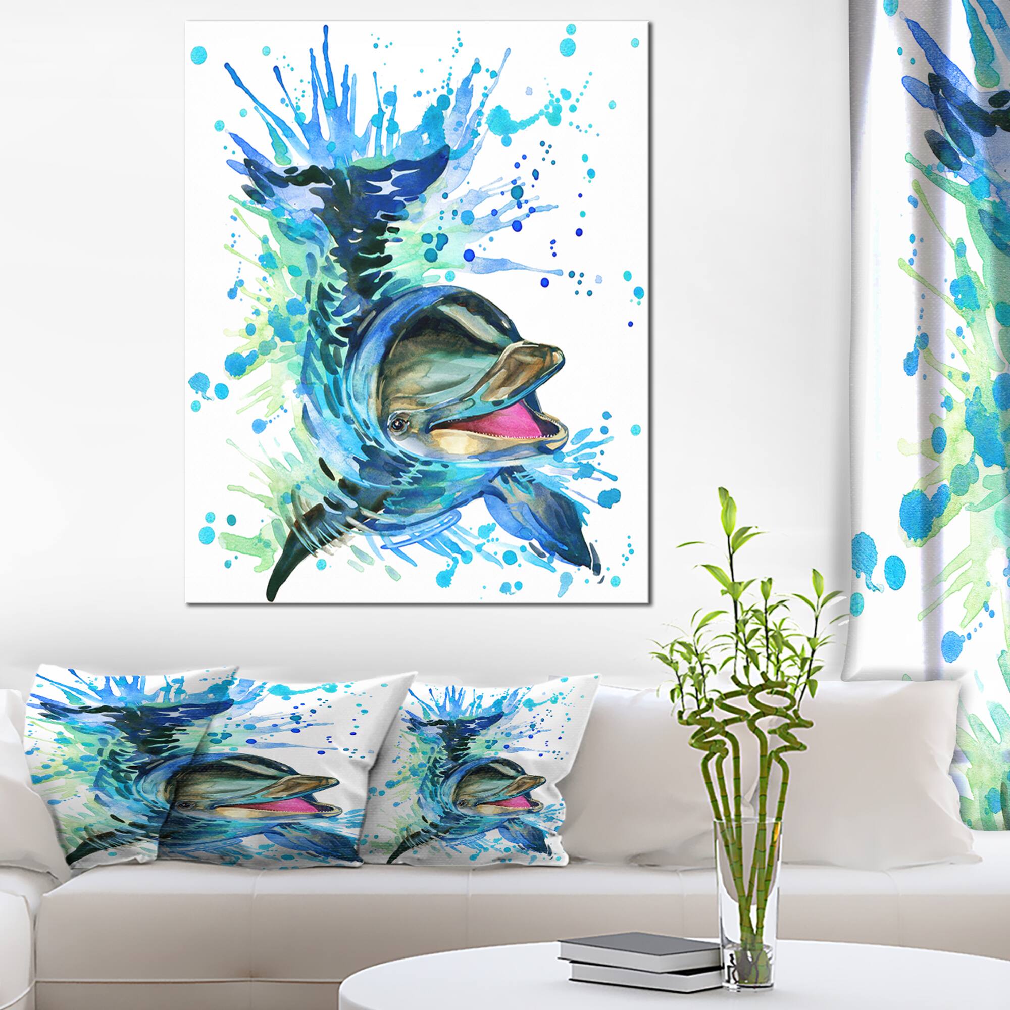 Designart - Large Blue Dolphin Watercolor - Contemporary Animal Art Canvas