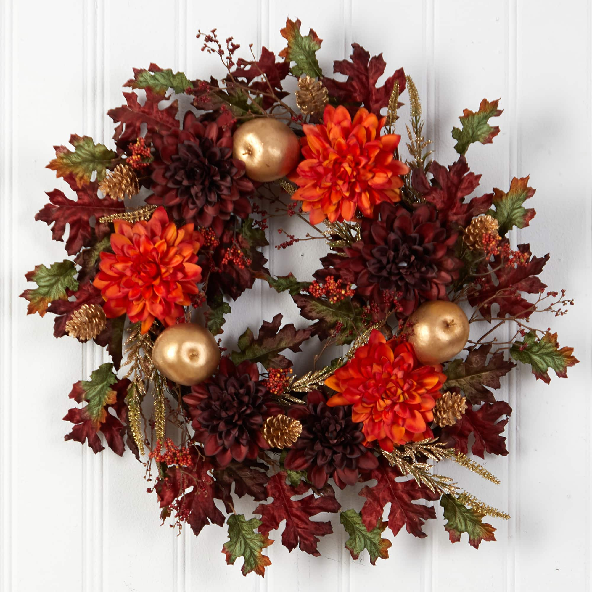 24&#x22; Fall Dahlia, Golden Apple, Oak Leaf &#x26; Berries Autumn Artificial Wreath