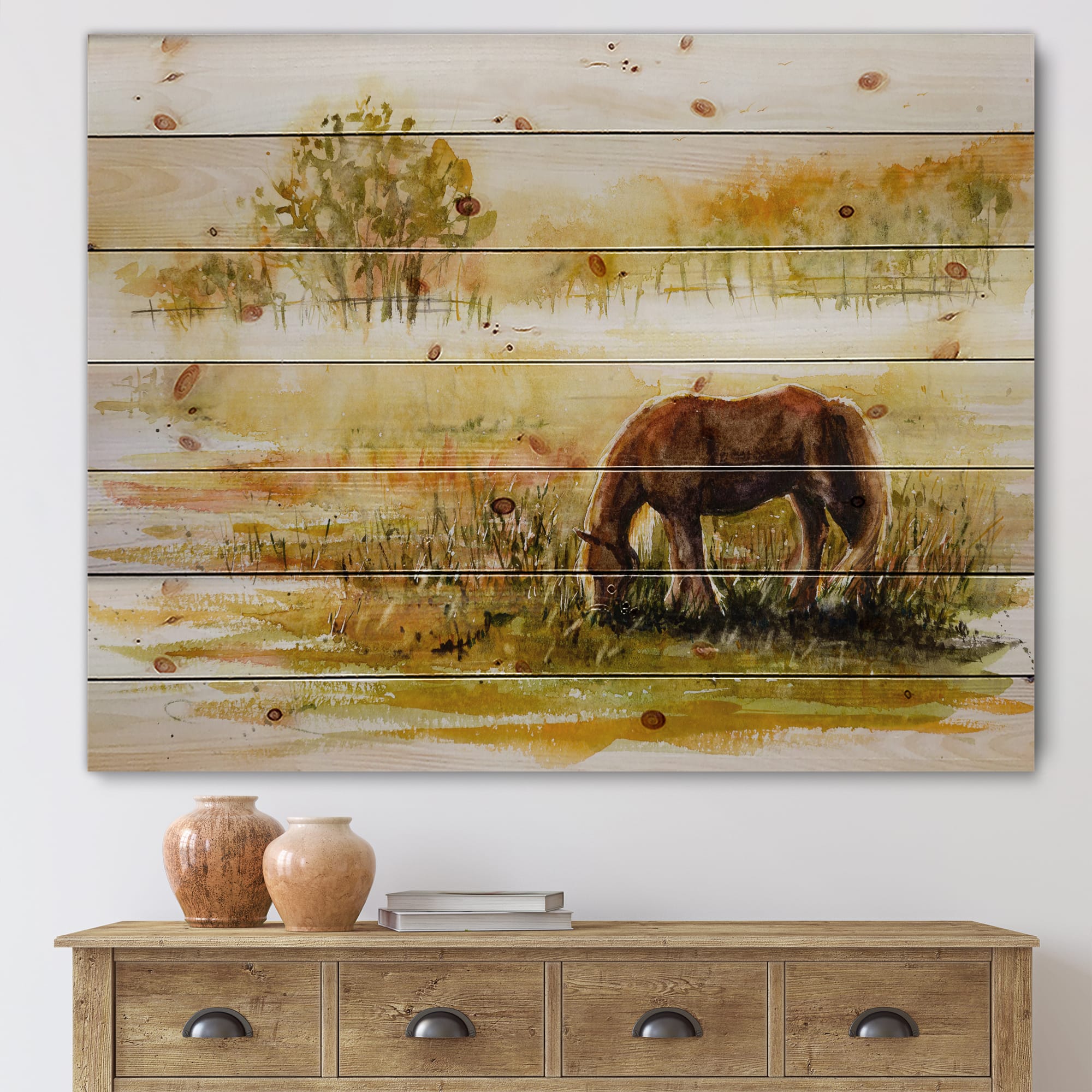 Designart - Horse Grazing On A Meadow - Farmhouse Print on Natural Pine Wood