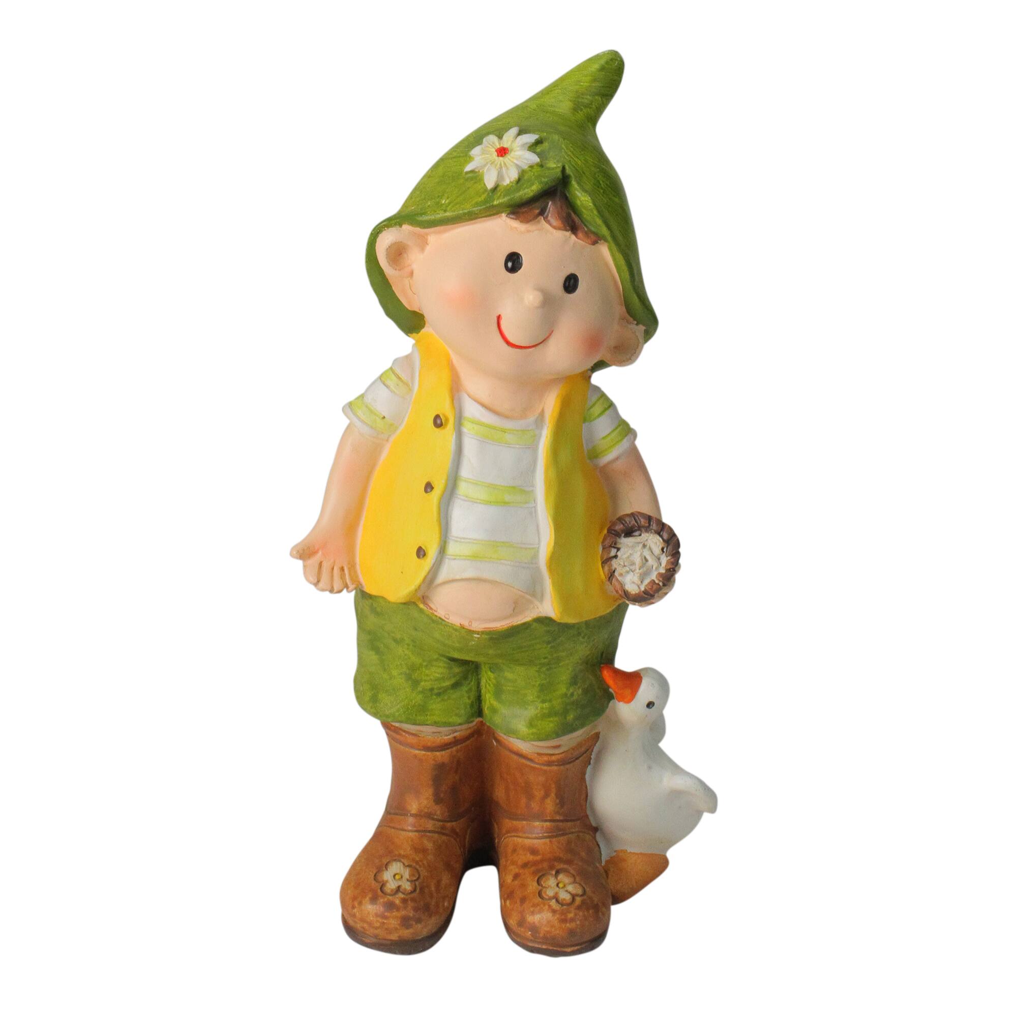 9.75" Young Boy Gnome Standing with Duck Spring Outdoor Garden Figure