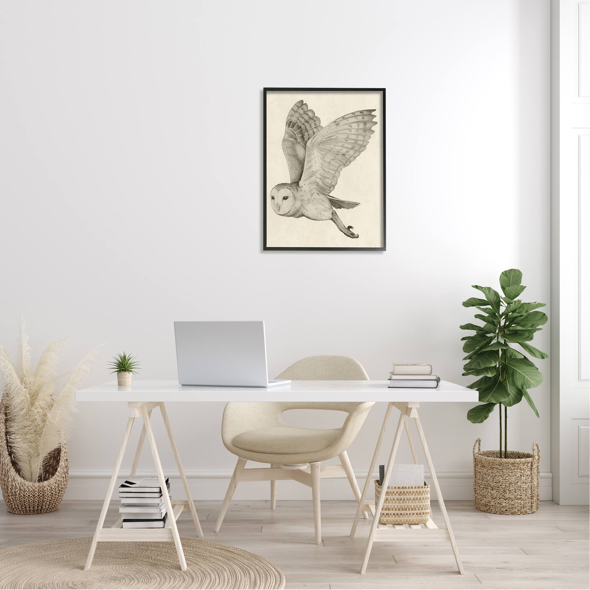 Stupell Industries Flying Barn Owl Wings Detailed Drawing Framed Giclee Art