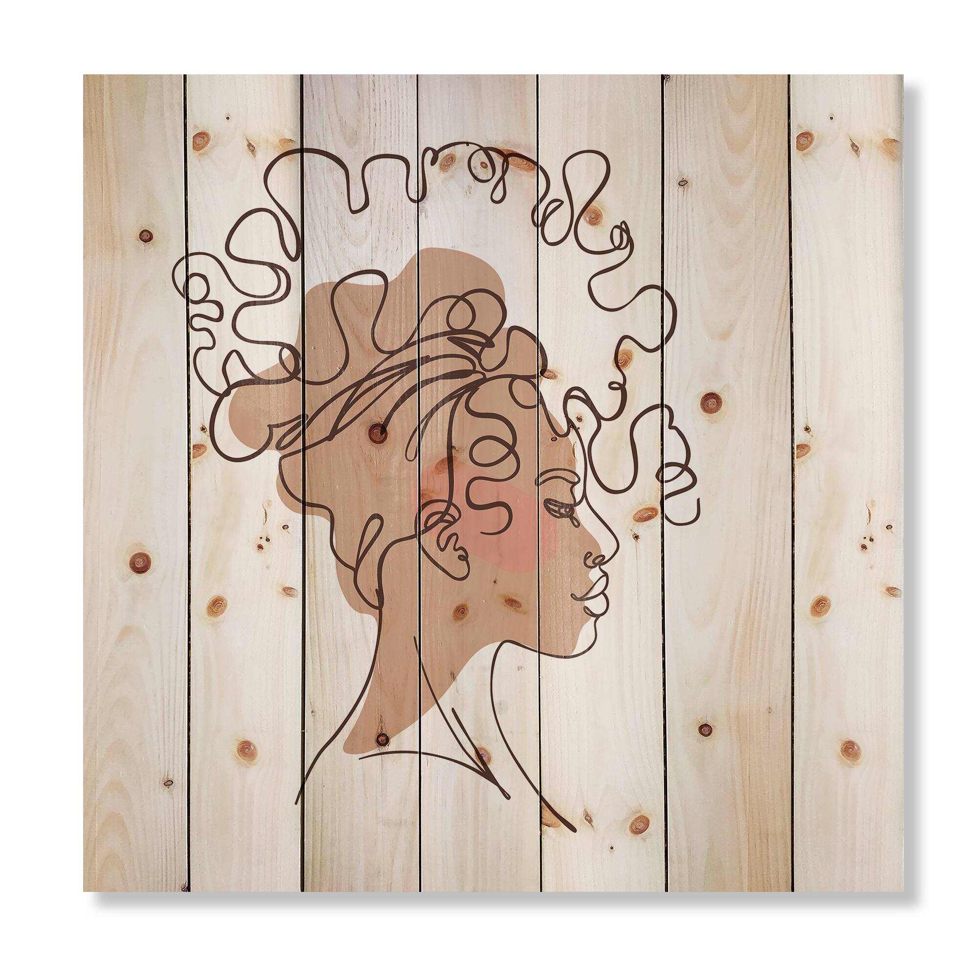 Designart - One Line Portrait of African American Woman I - Modern Print on Natural Pine Wood